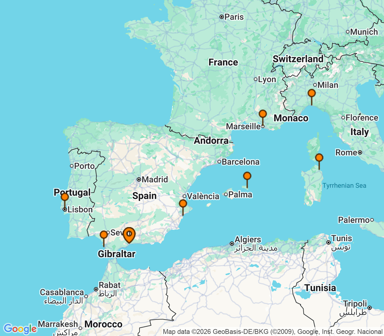 Harta itinerariu Croaziera 2027 - Mediterana (Malaga, Spania) - MSC Cruises - MSC Sinfonia - 10 nopti