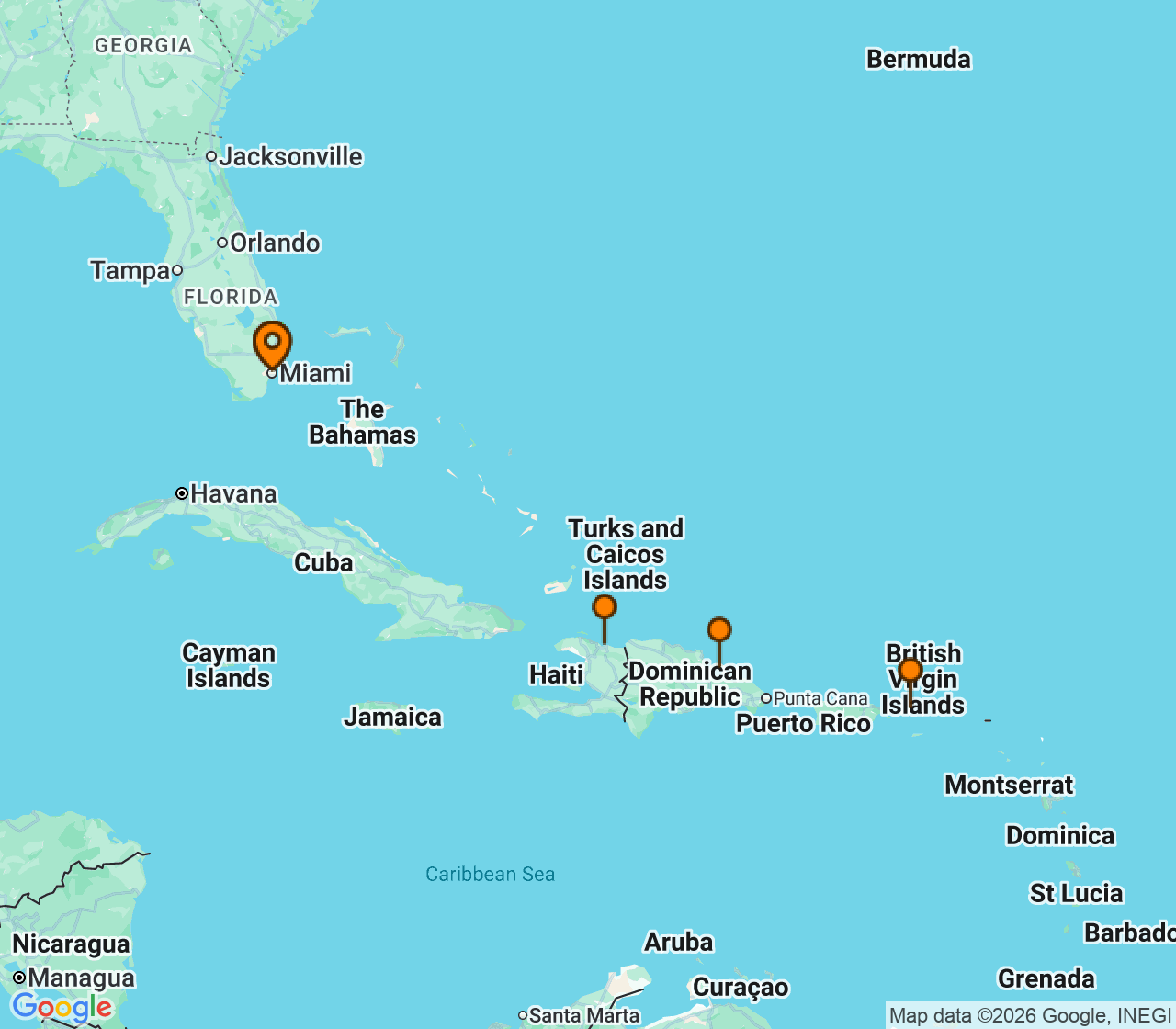 Harta itinerariu Croaziera 2027 - Caraibe si America Centrala (Miami, FL) - Royal Caribbean Cruise Line - Freedom of the Seas - 7 nopti