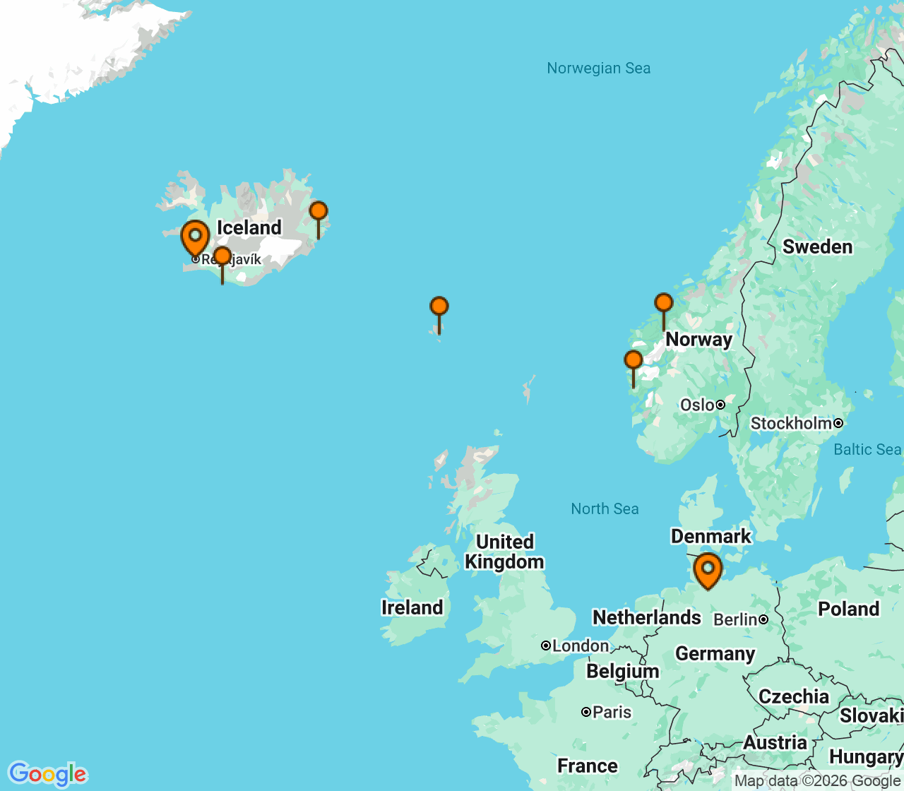 Harta itinerariu Croaziera 2028 - Europa de Nord (Reykjavik, Islanda) - Explora Journeys - Explora V - 8 nopti