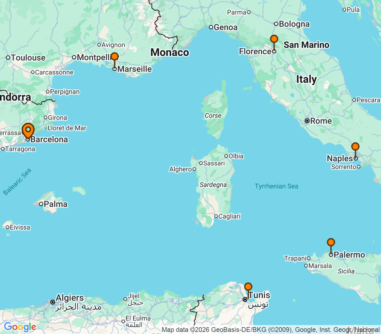 Harta itinerariu Croaziera 2026 - Mediterana (Barcelona, Spania) - MSC Cruises - MSC Meraviglia - 7 nopti