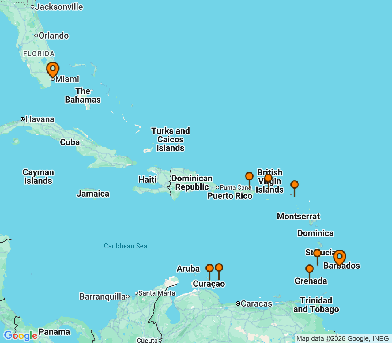Harta itinerariu Croaziera 2027 - Caraibe si America Centrala (Miami, FL) - Silversea Cruises - Silver Spirit - 12 nopti