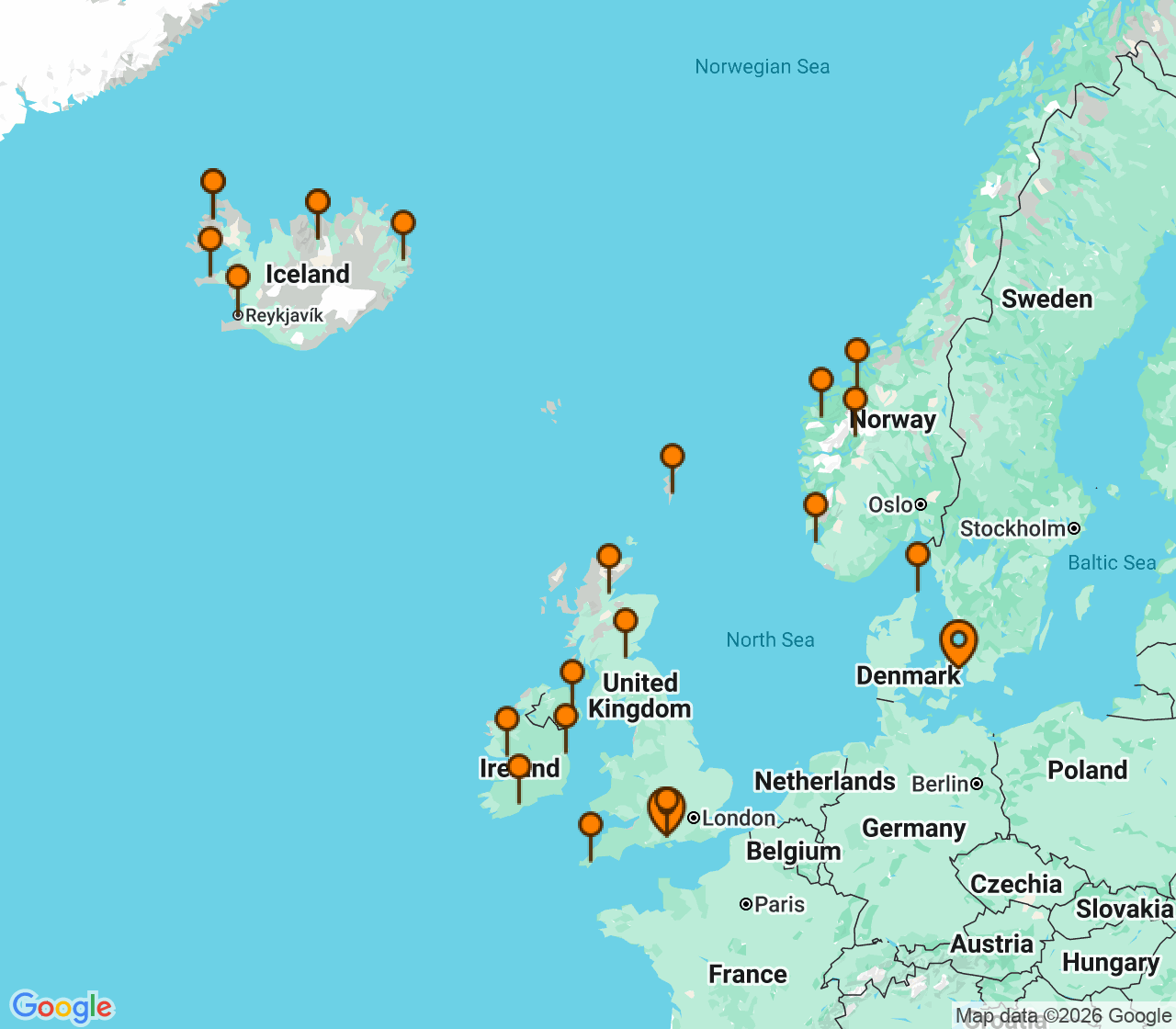 Harta itinerariu Croaziera 2028 - Europa de Nord (Copenhaga, Danemarca) - Princess Cruises - Caribbean Princess - 28 nopti