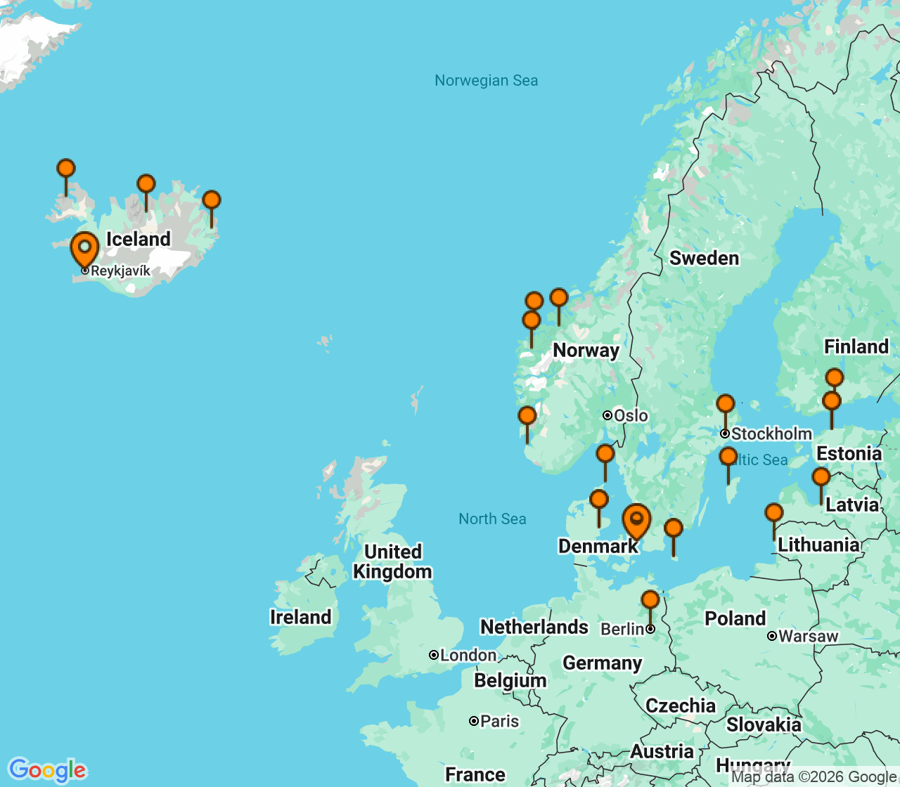 Harta itinerariu Croaziera 2028 - Europa de Nord (Copenhaga, Danemarca) - Princess Cruises - Caribbean Princess - 24 nopti