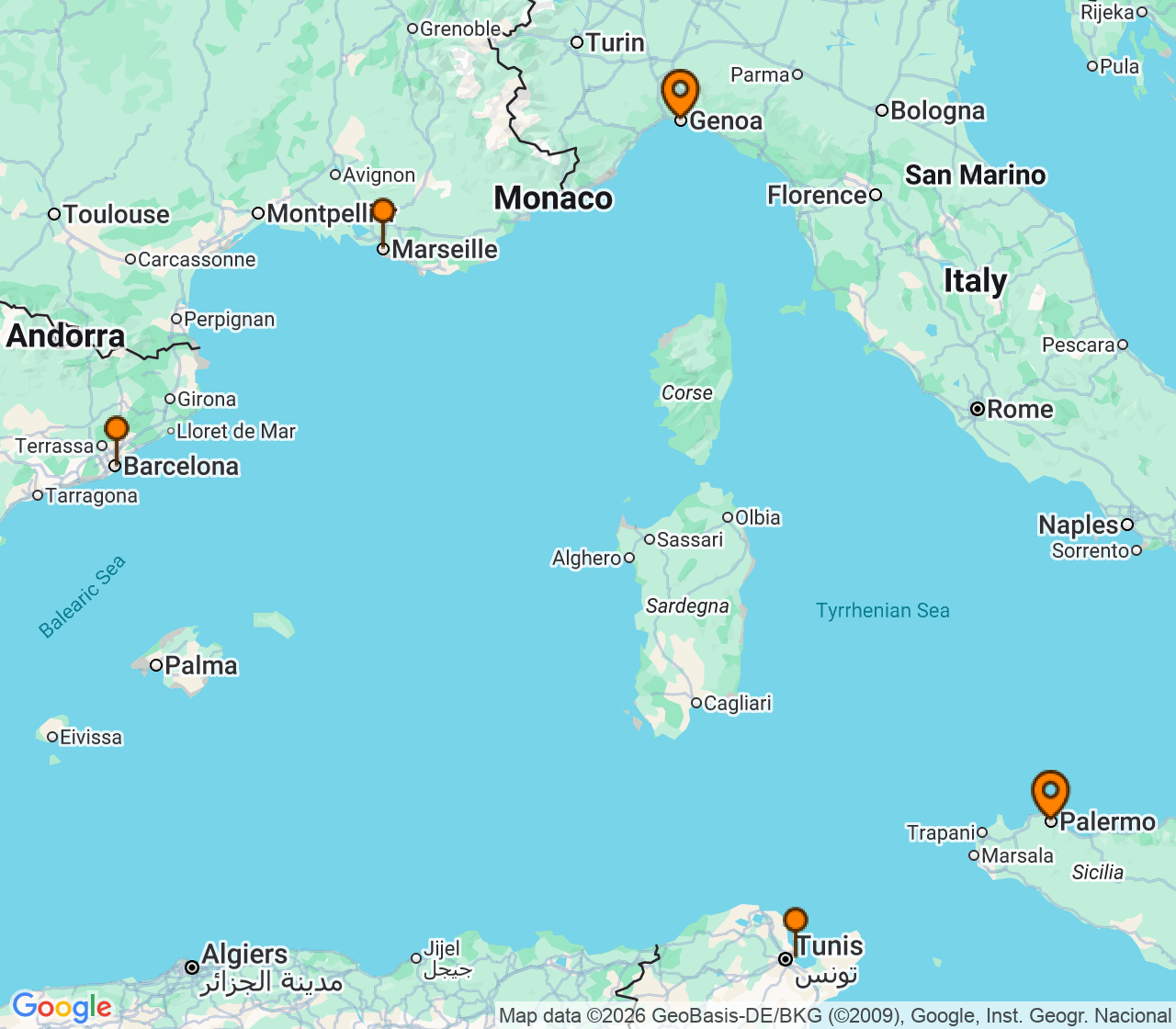 Harta itinerariu Croaziera 2027 - Mediterana (Palermo, Sicilia, Italia) - MSC Cruises - MSC Euribia - 5 nopti