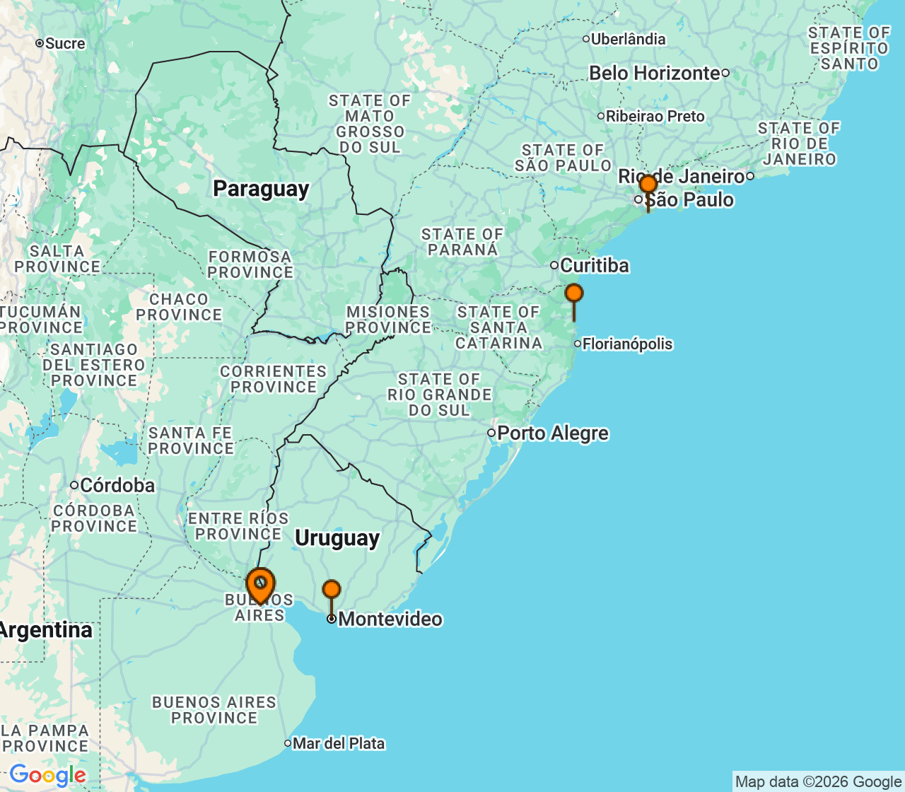 Harta itinerariu Croaziera 2028 - America de Sud (Buenos Aires, Argentina) - MSC Cruises - MSC Meraviglia - 7 nopti