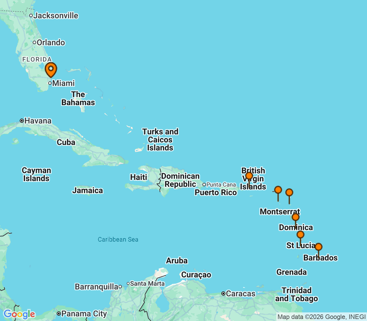 Harta itinerariu Croaziera 2028 - Caraibe si America Centrala (Fort Lauderdale, Florida) - Celebrity Cruises - Celebrity Ascent - 11 nopti