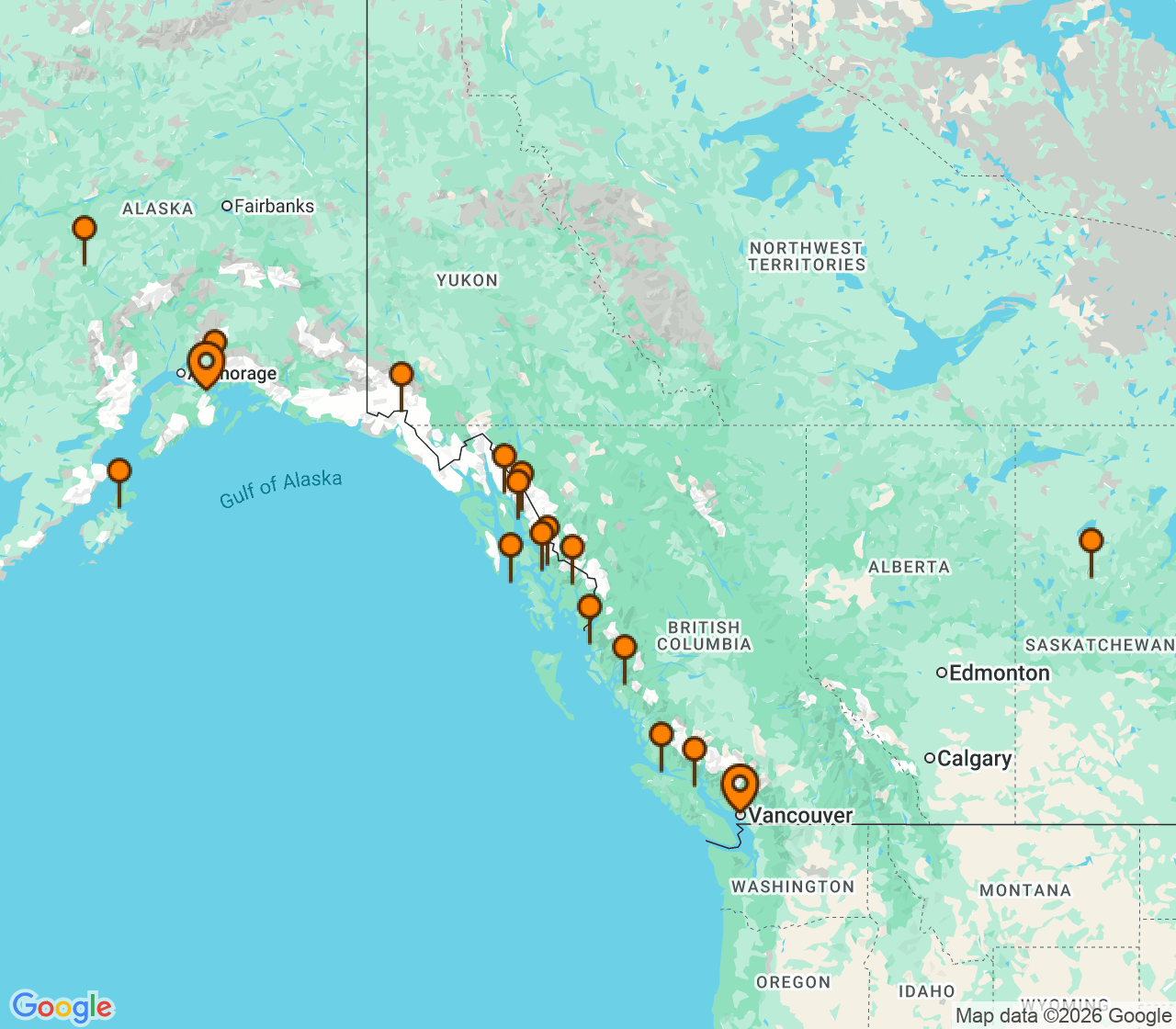 Harta itinerariu Croaziera 2028 - Alaska (Anchorage (Whittier), AK) - Seabourn - Seabourn Encore - 10 nopti