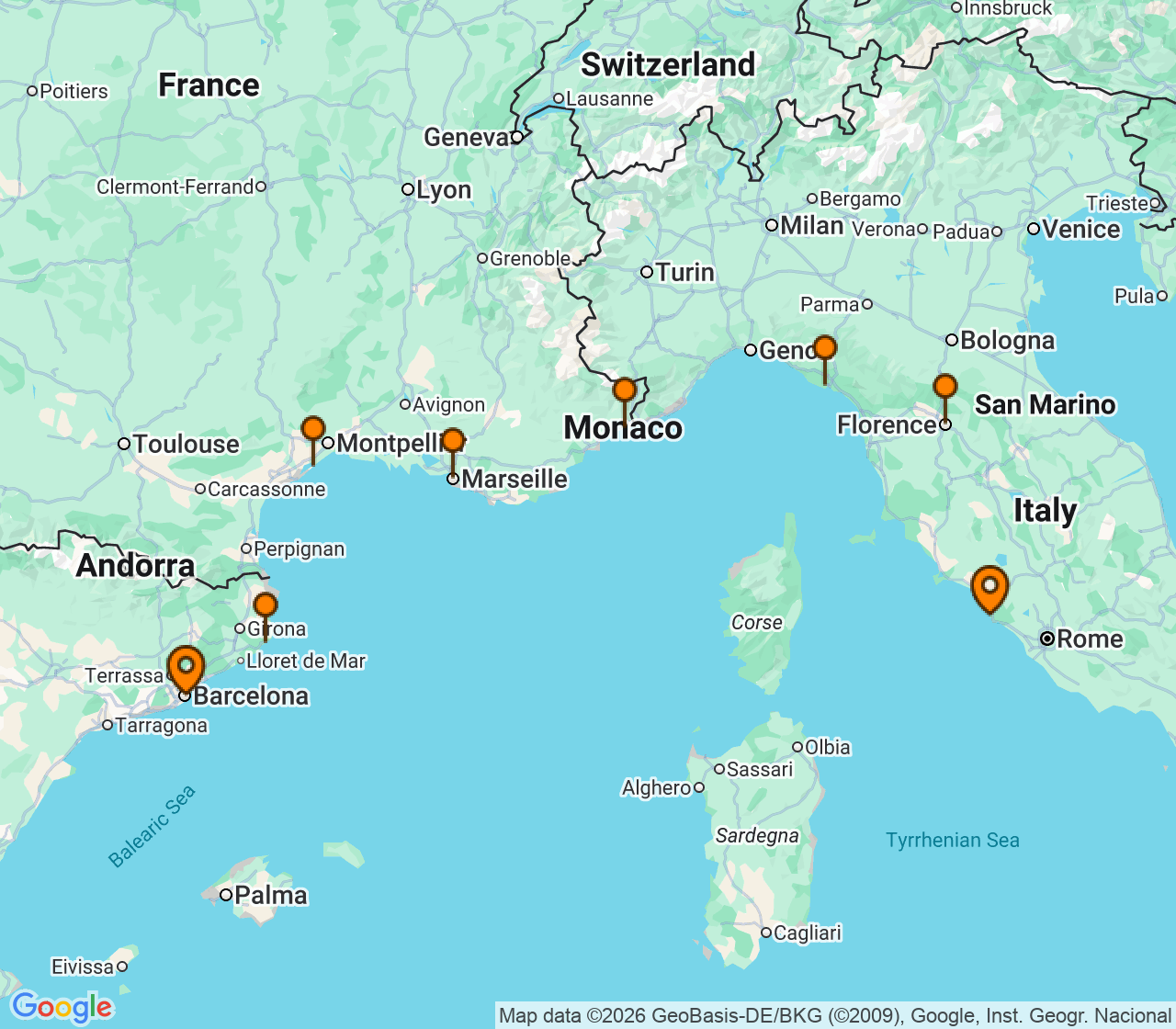 Harta itinerariu Croaziera 2027 - Mediterana (Roma (Civitavecchia), Italia) - Oceania Cruises - Allura - 7 nopti