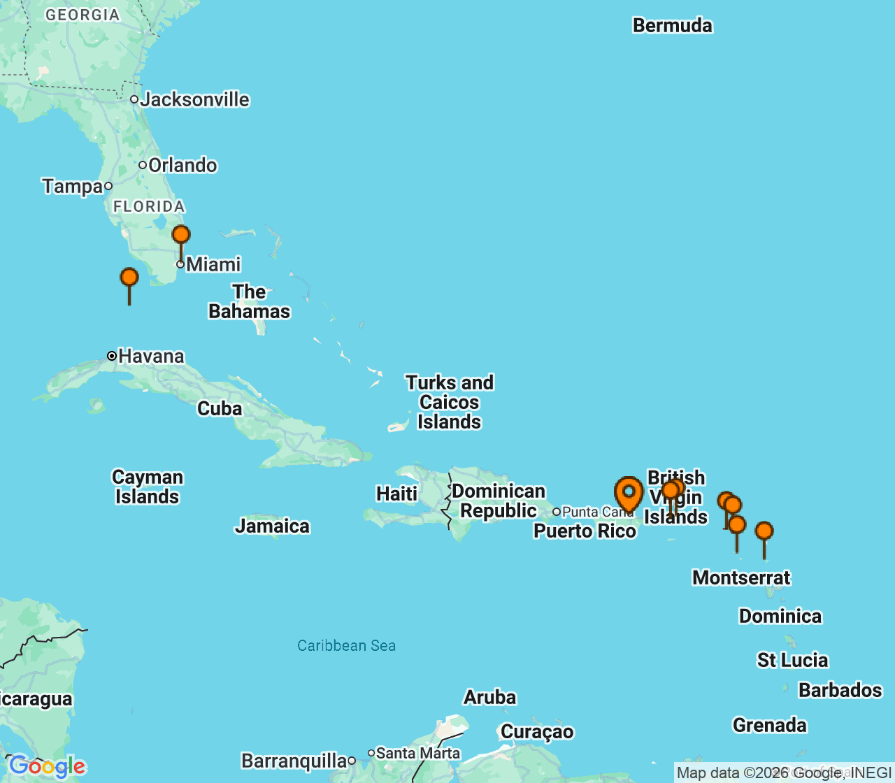 Harta itinerariu Croaziera 2027 - Caraibe si America Centrala (San Juan, Puerto Rico) - Explora Journeys - Explora III - 14 nopti
