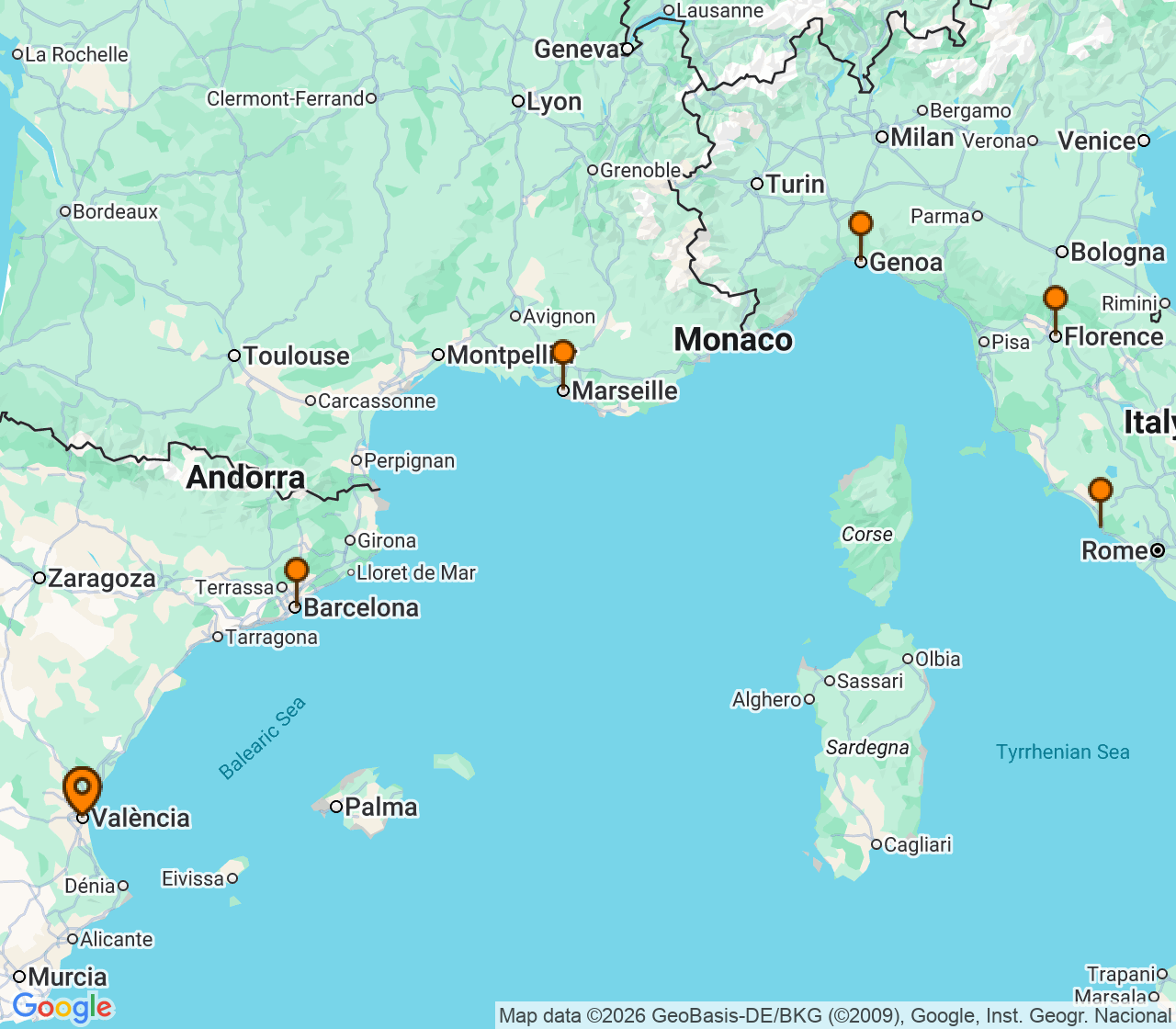 Harta itinerariu Croaziera 2027 - Mediterana (Valencia, Spania) - MSC Cruises - MSC Lirica - 7 nopti