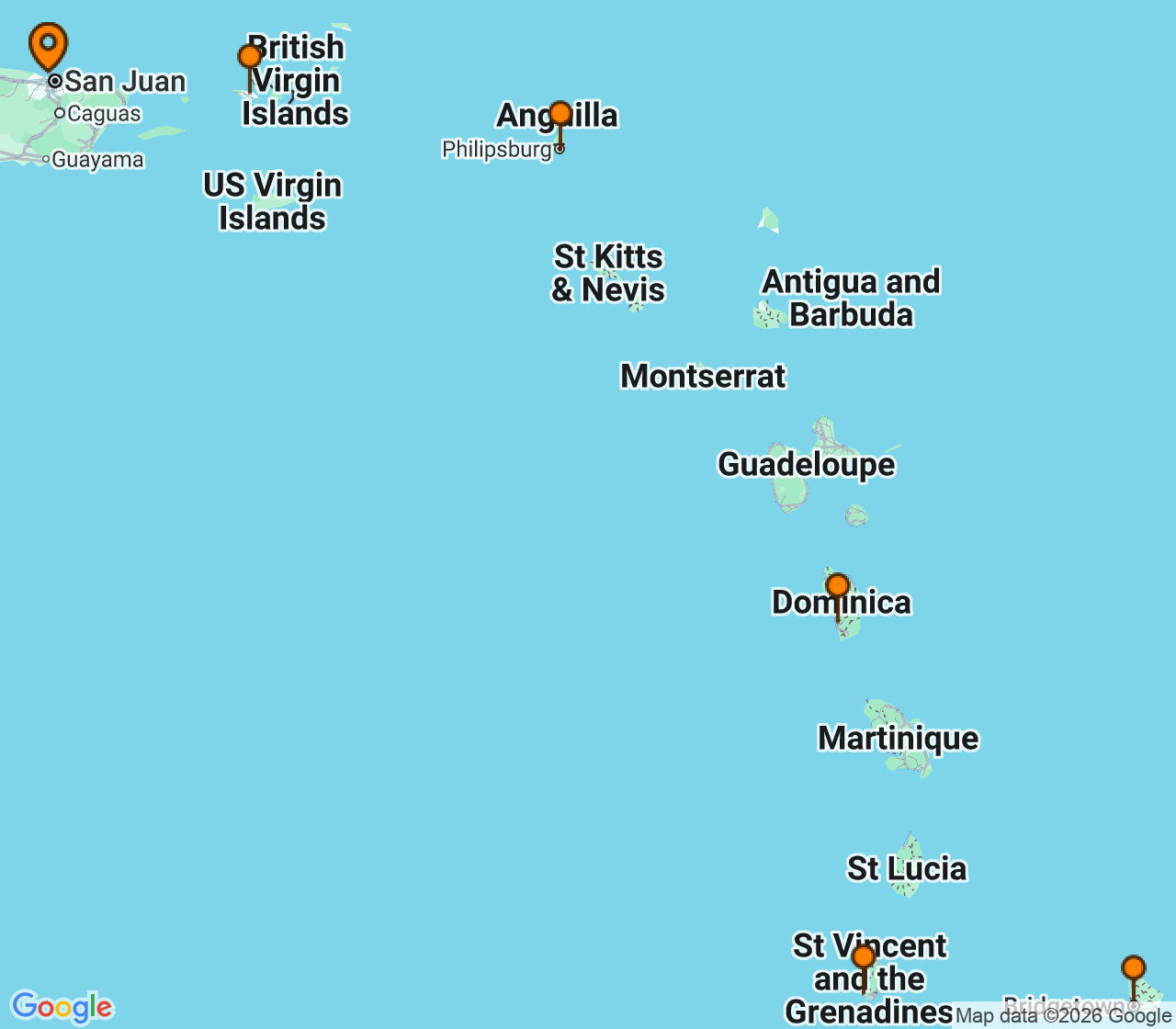 Harta itinerariu Croaziera 2027 - Caraibe si America Centrala (San Juan, Puerto Rico) - Virgin Voyages - Valiant Lady - 8 nopti