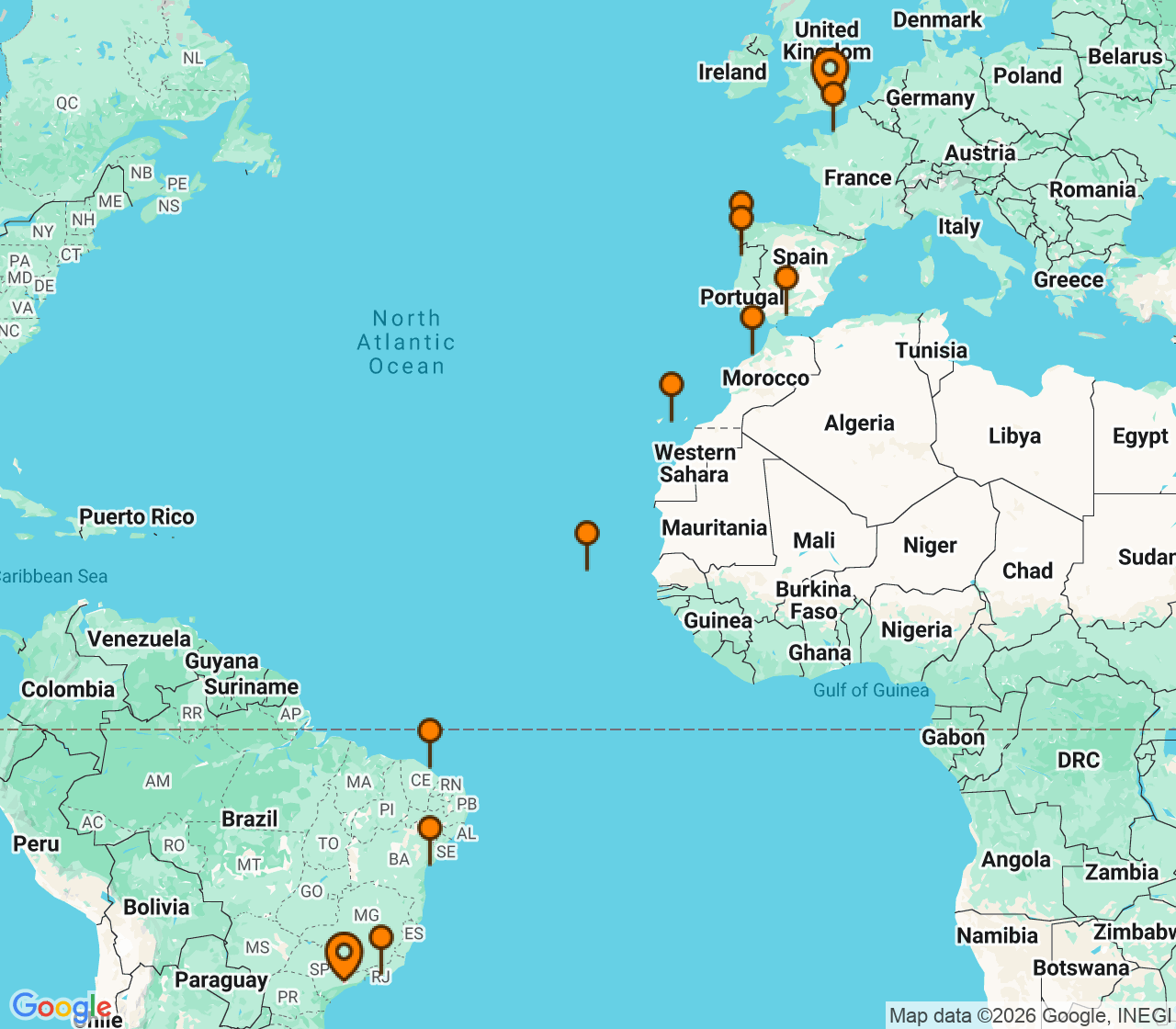 Harta itinerariu Croaziera 2027 - Repozitionari si Transoceanic (Sao Paolo, Brazilia) - Costa Cruises - Costa Diadema - 22 nopti