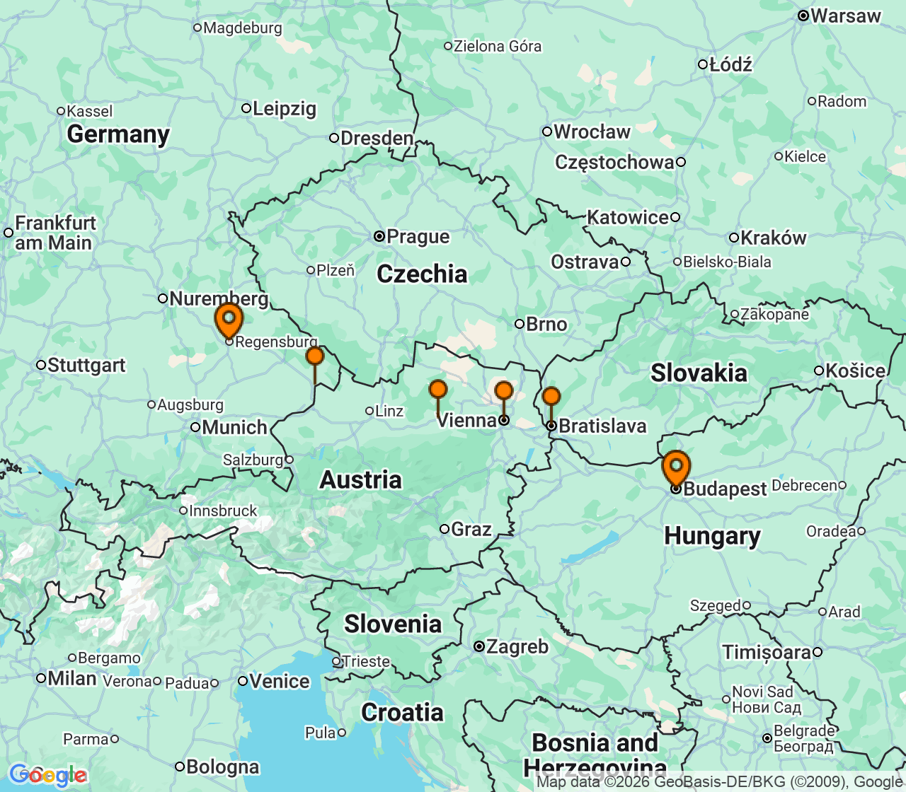 Harta itinerariu Croaziera 2027 - Europa de Nord (Regensburg, Germania) - Uniworld River Cruises - S.S. Marlene - 7 nopti