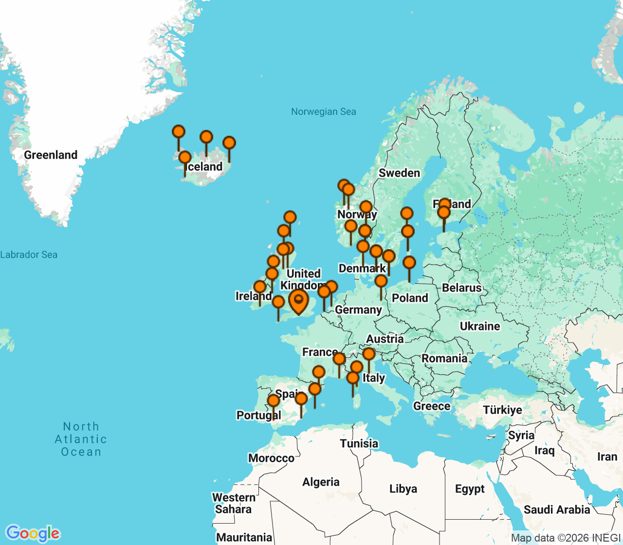 Harta itinerariu Croaziera 2027 - Europa de Nord (Southampton, Anglia) - Princess Cruises - Regal Princess - 64 nopti