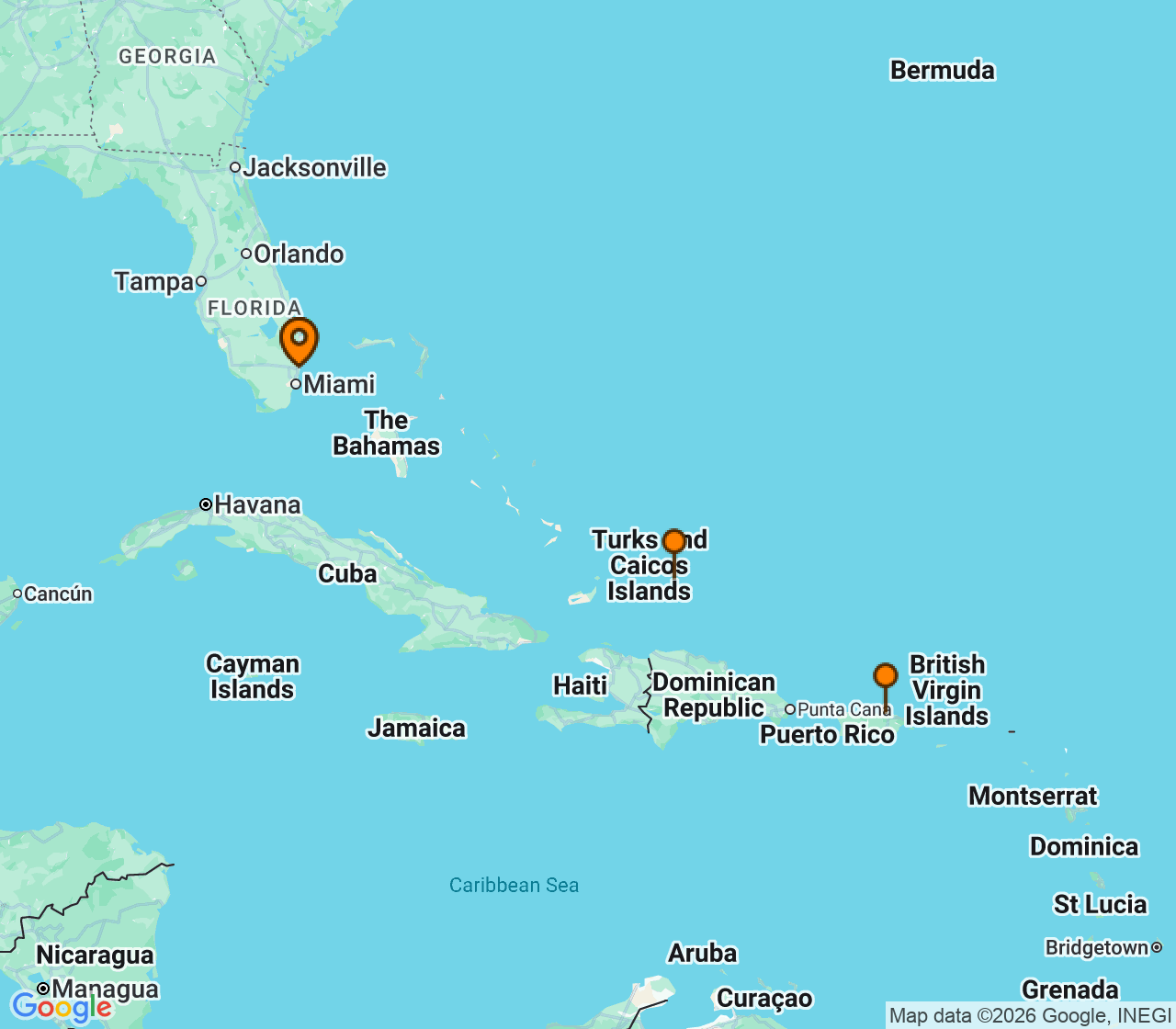 Harta itinerariu Croaziera 2026 - Caraibe si America Centrala (Fort Lauderdale, Florida) - Princess Cruises - Sun Princess - 7 nopti