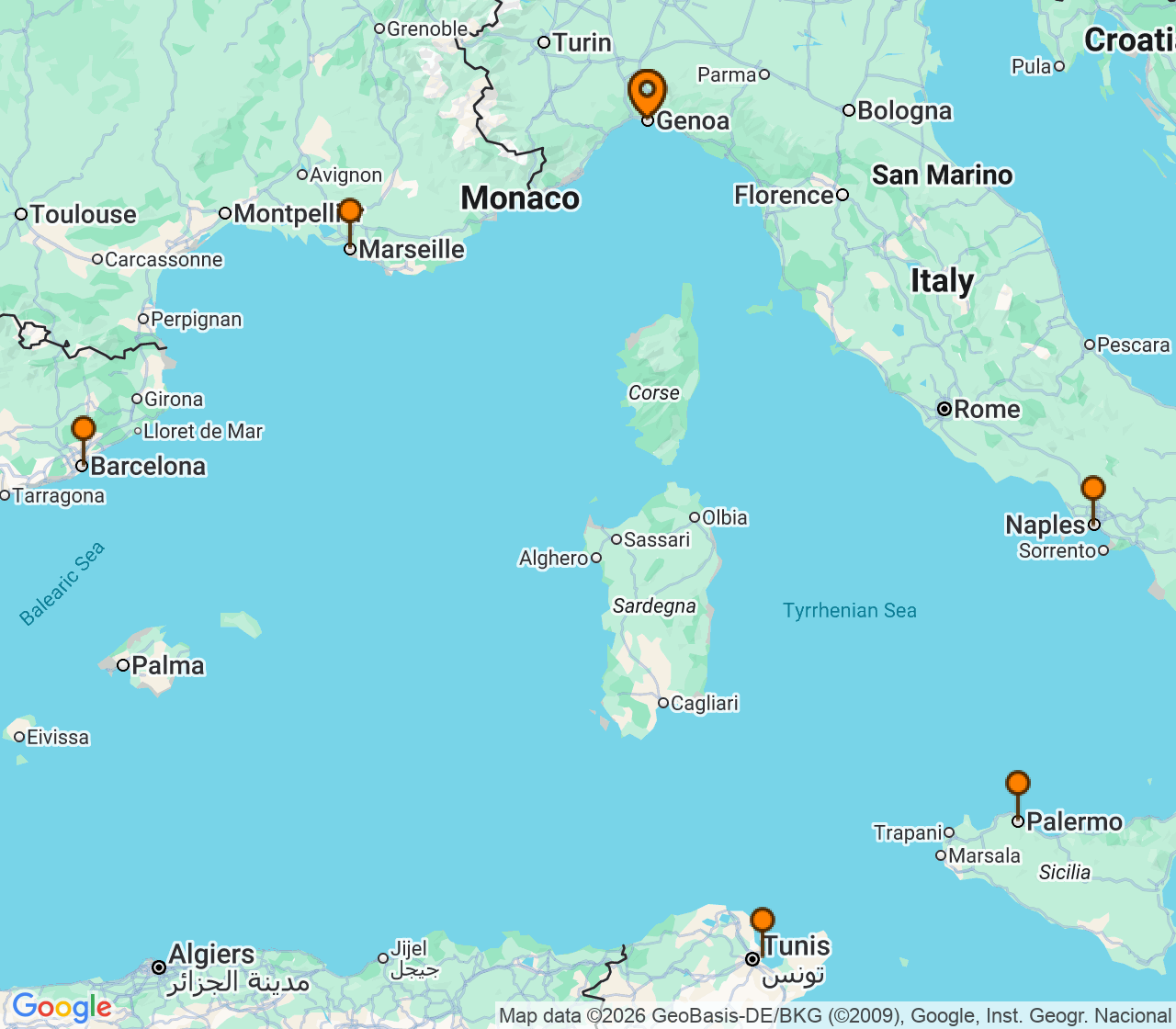 Harta itinerariu Croaziera 2027 - Mediterana (Genova, Italia) - MSC Cruises - MSC Fantasia - 7 nopti