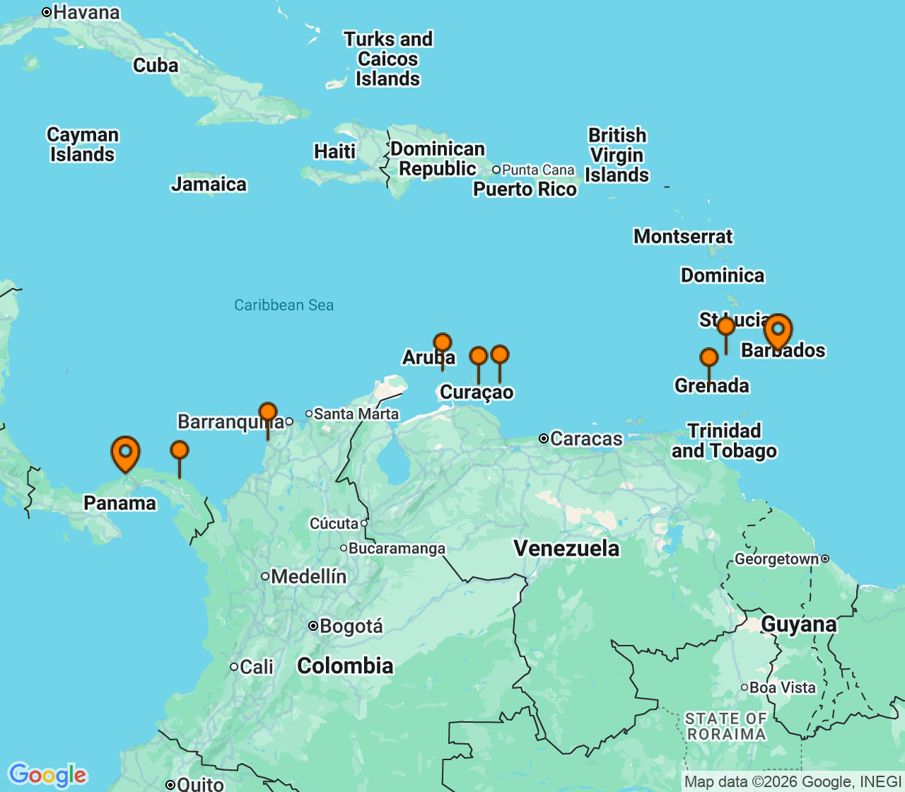 Harta itinerariu Croaziera 2026 - Caraibe si America Centrala (Bridgetown, Barbados) - Windstar Cruises - Wind Star - 11 nopti
