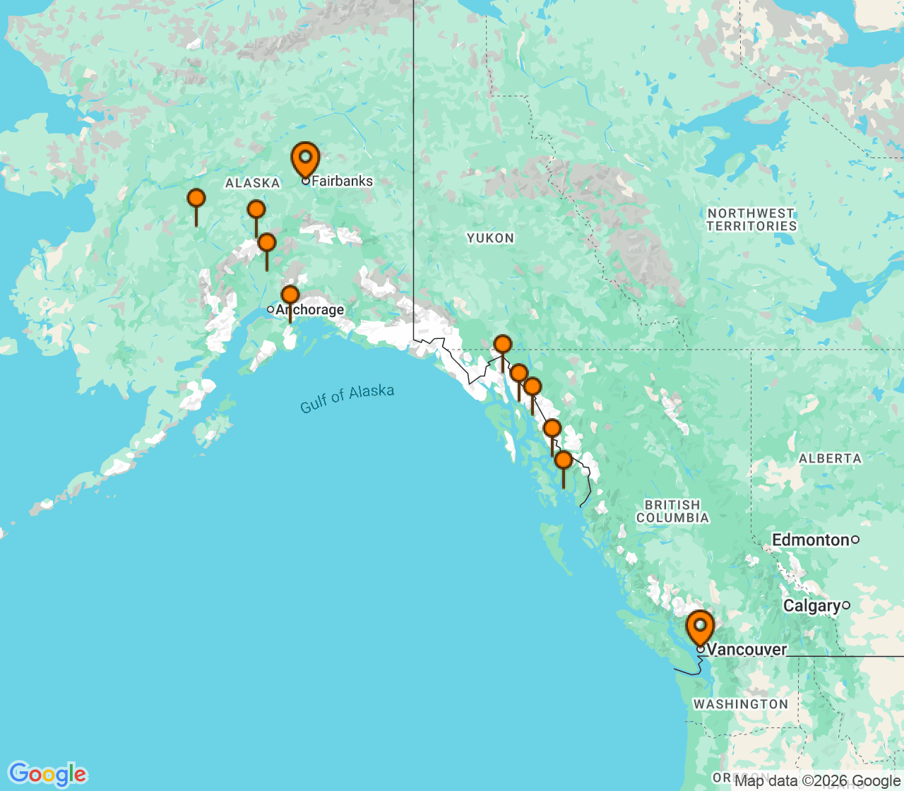 Harta itinerariu Croaziera 2028 - Alaska (Fairbanks, Alaska) - Windstar Cruises - Star Seeker - 11 nopti