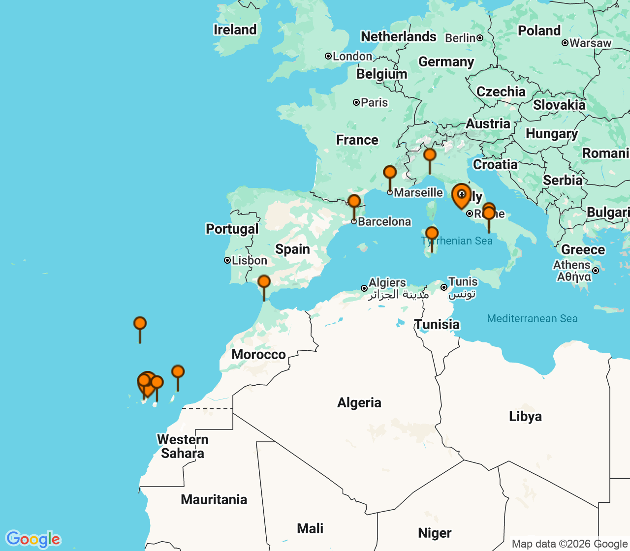 Harta itinerariu Croaziera 2027 - Repozitionari si Transoceanic (Santa Cruz de Tenerife, Insulele Canare) - Costa Cruises - Costa Smeralda - 18 nopti