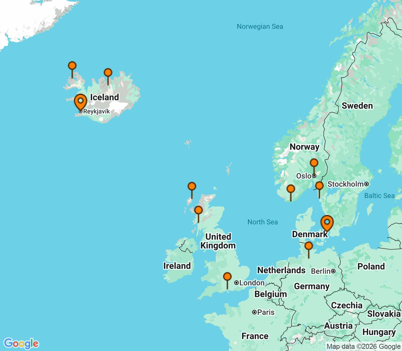 Harta itinerariu Croaziera 2028 - Europa de Nord (Copenhaga, Danemarca) - Explora Journeys - Explora V - 15 nopti
