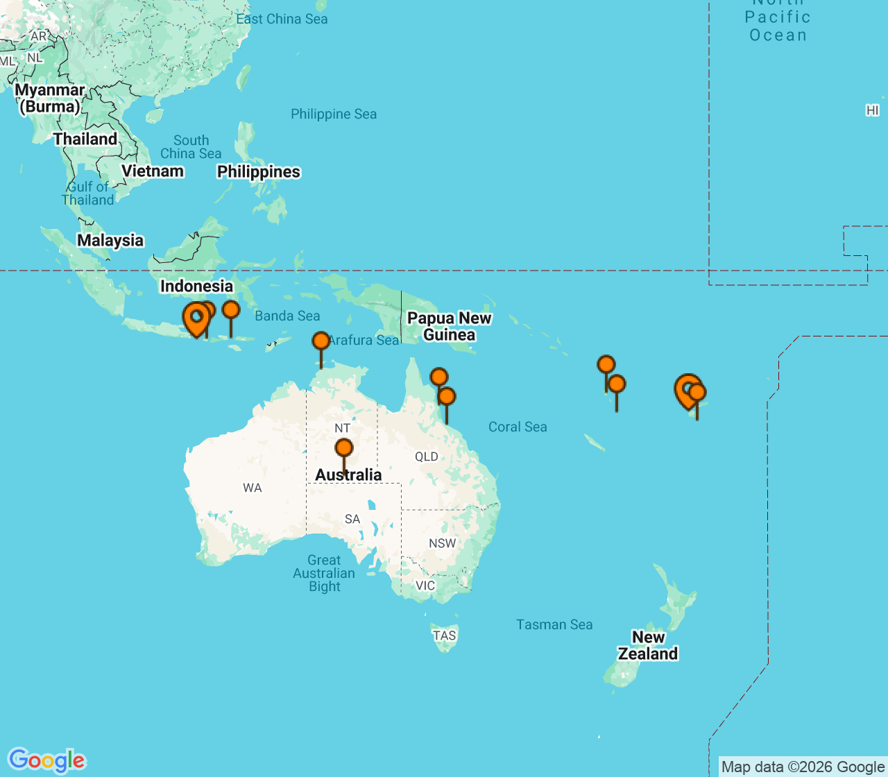 Harta itinerariu Croaziera 2026 - Australia si Noua Zeelanda (Lautoka, Fiji) - Oceania Cruises - Riviera - 18 nopti