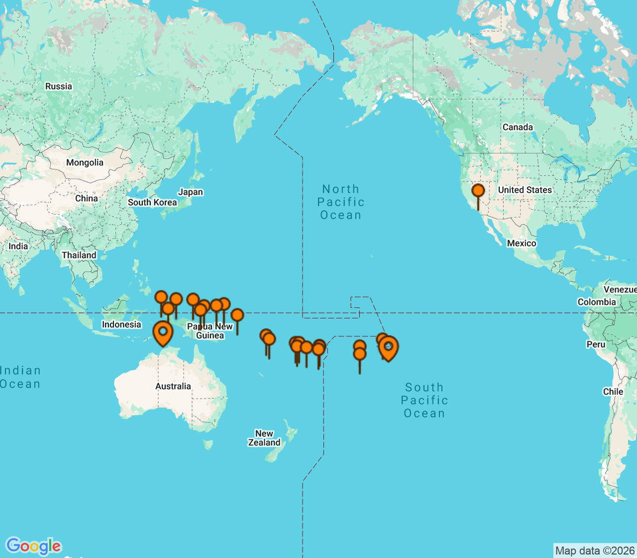 Harta itinerariu Croaziera 2028 - Tahiti si Pacificul de Sud (Darwin, Australia) - Silversea Cruises - Silver Cloud Expedition - 34 nopti