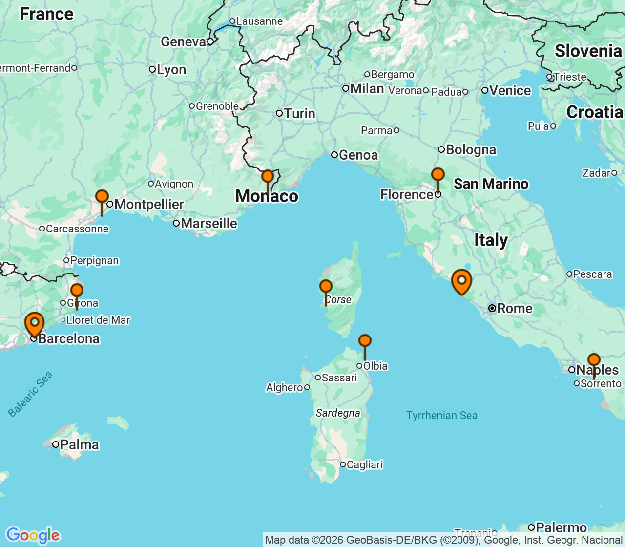 Harta itinerariu Croaziera 2027 - Mediterana (Barcelona, Spania) - Oceania Cruises - Allura - 8 nopti