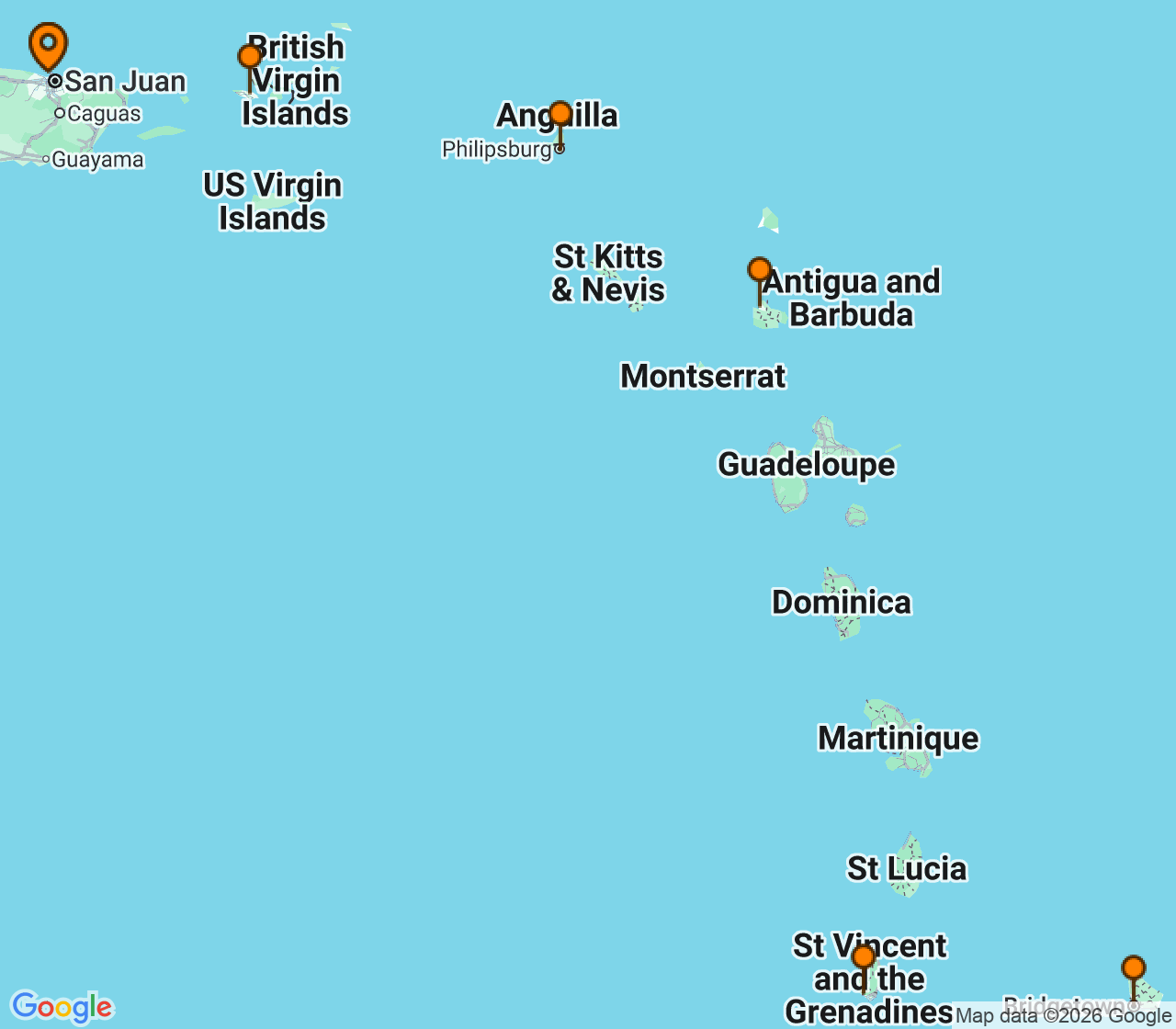 Harta itinerariu Croaziera 2028 - Caraibe si America Centrala (San Juan, Puerto Rico) - Virgin Voyages - Scarlet Lady - 7 nopti