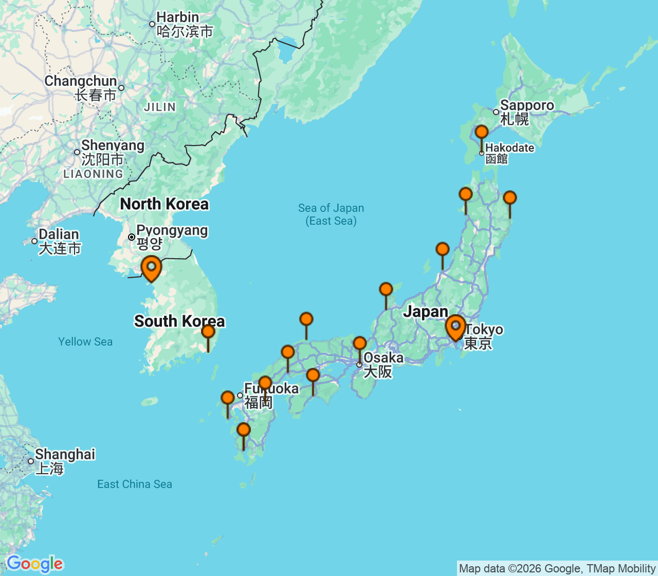 Harta itinerariu Croaziera 2028 - Asia (Orientul Indepartat) (Incheon, Coreea de Sud) - Silversea Cruises - Silver Whisper - 22 nopti
