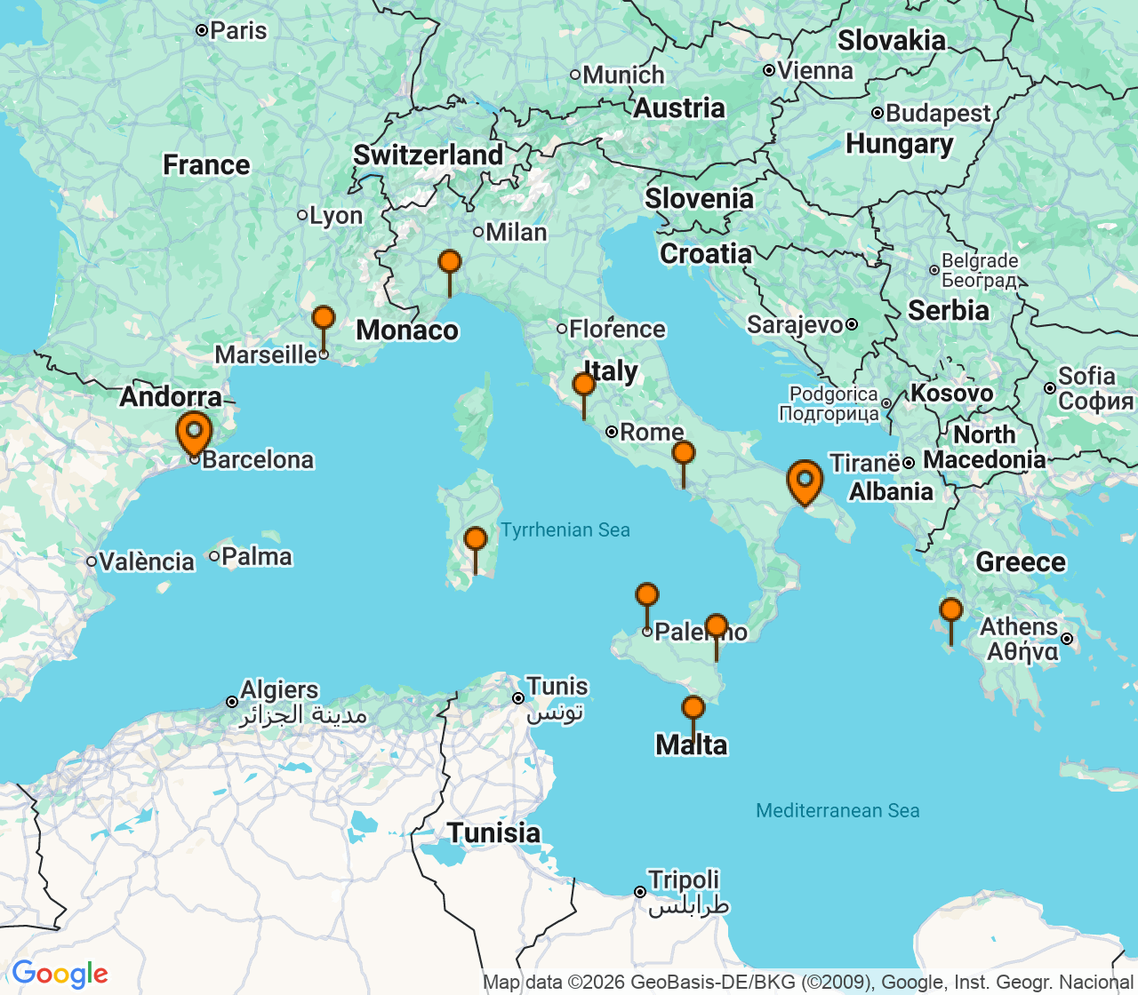 Harta itinerariu Croaziera 2027 - Mediterana (Barcelona, Spania) - Costa Cruises - Costa Serena - 9 nopti