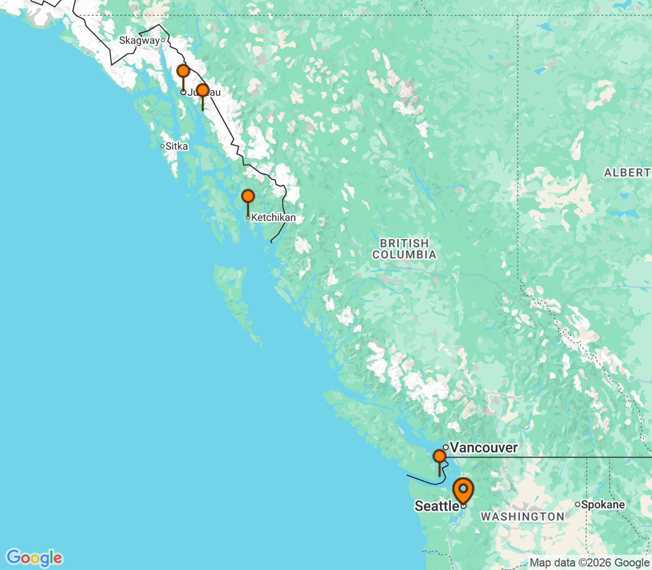 Harta itinerariu Croaziera 2027 - Alaska (Seattle, WA) - Virgin Voyages - Brilliant Lady - 7 nopti
