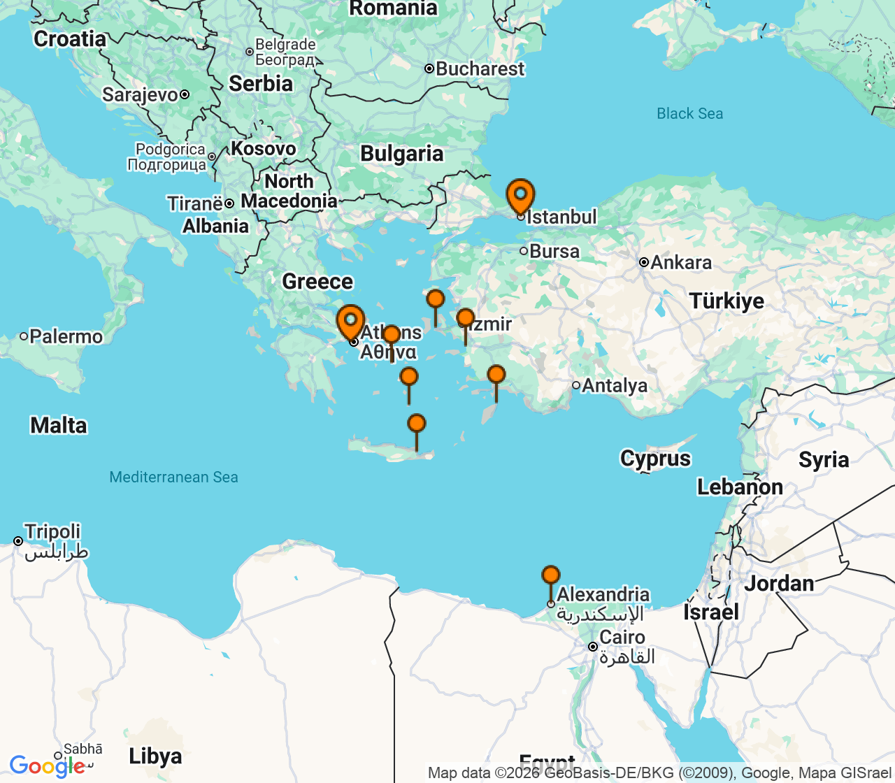 Harta itinerariu Croaziera 2028 - Mediterana (Istanbul, Turcia) - Silversea Cruises - Silver Shadow - 13 nopti