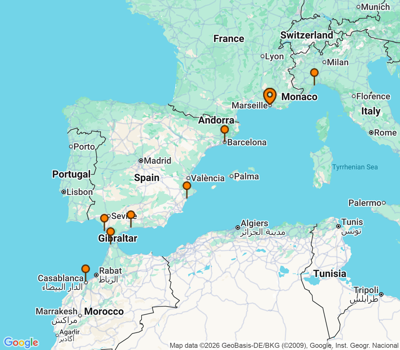 Harta itinerariu Croaziera 2027 - Mediterana (Marseille, Franta) - Costa Cruises - Costa Diadema - 10 nopti