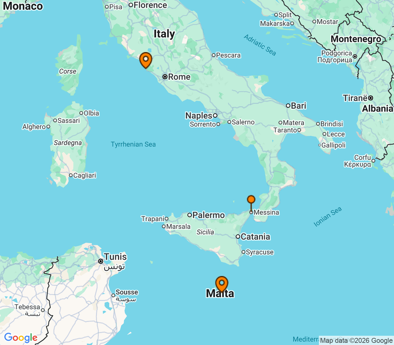 Harta itinerariu Croaziera 2027 - Mediterana (Roma (Civitavecchia), Italia) - MSC Cruises - MSC World Asia - 2 nopti