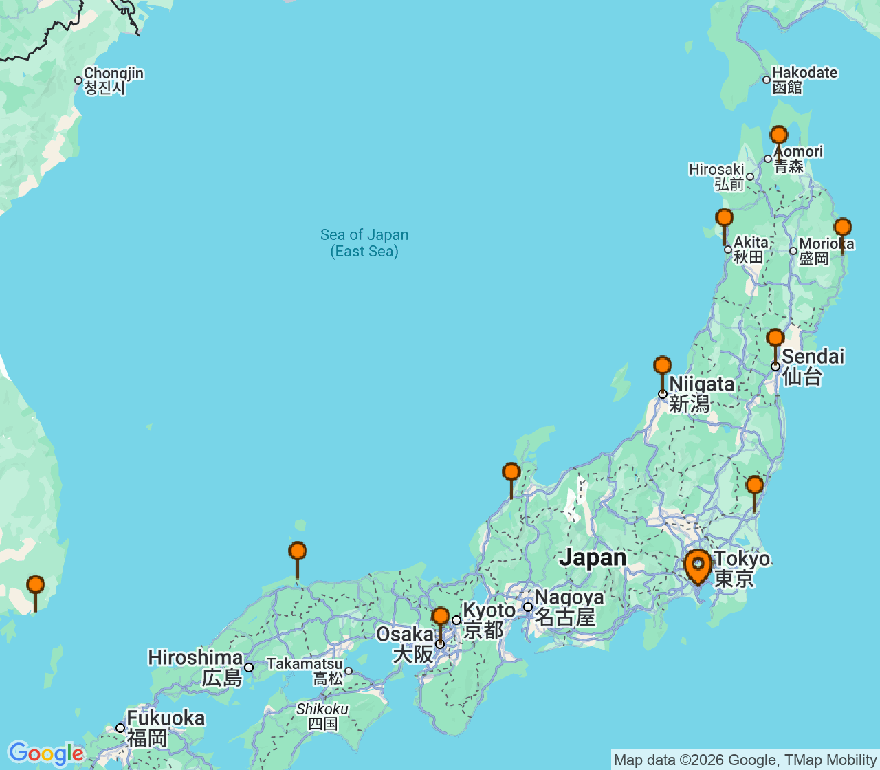 Harta itinerariu Croaziera 2027 - Asia (Orientul Indepartat) (Tokyo (Yokohama), Japonia) - Seabourn - Seabourn Encore - 14 nopti