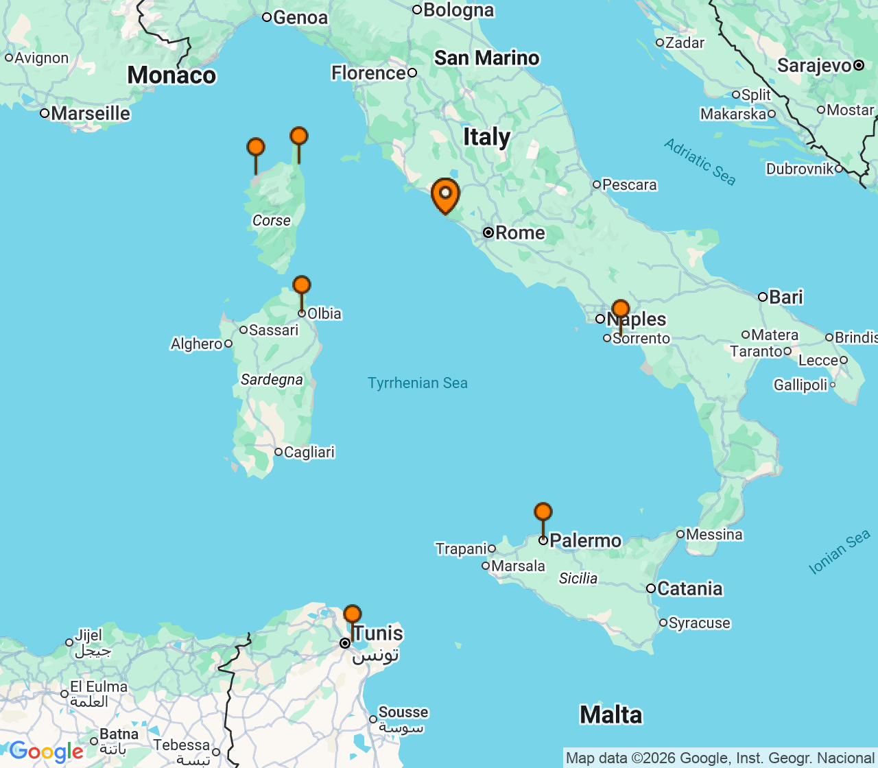Harta itinerariu Croaziera 2027 - Mediterana (Roma (Civitavecchia), Italia) - Seabourn - Seabourn Ovation - 8 nopti