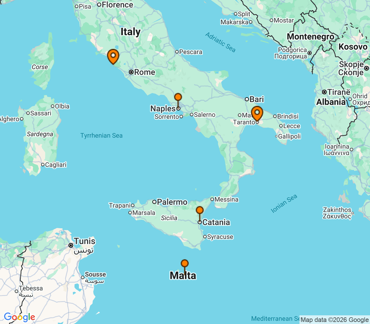 Harta itinerariu Croaziera 2027 - Mediterana (Taranto, Puglia, Italia) - Costa Cruises - Costa Serena - 5 nopti