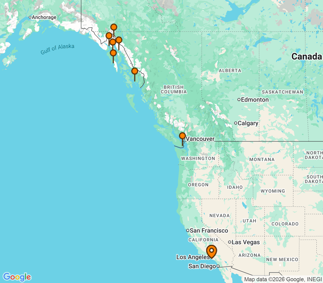 Harta itinerariu Croaziera 2028 - California si Riviera Mexicana (Los Angeles, CA) - Princess Cruises - Emerald Princess - 16 nopti