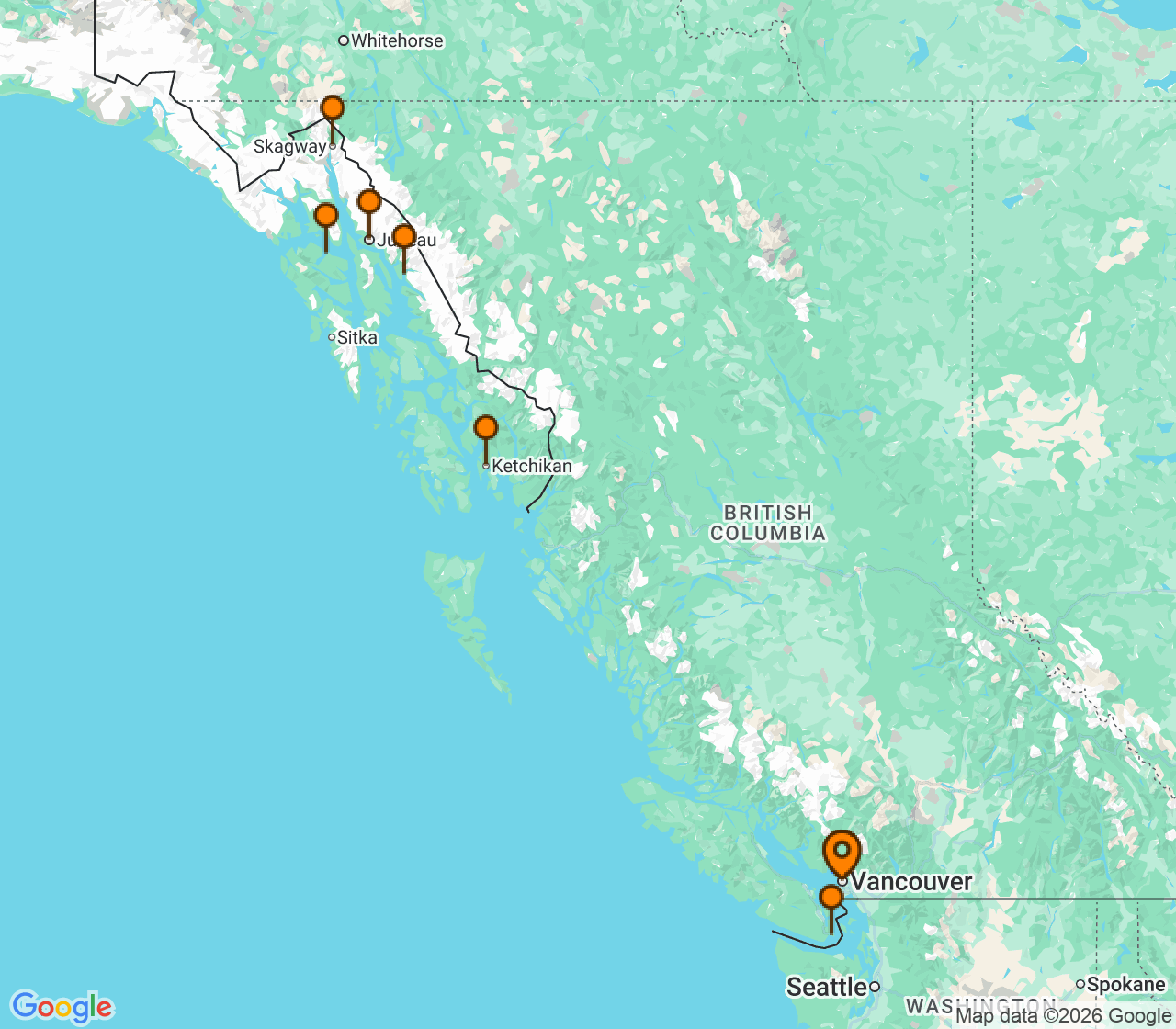 Harta itinerariu Croaziera 2028 - Alaska (Vancouver, Canada) - Princess Cruises - Crown Princess - 9 nopti