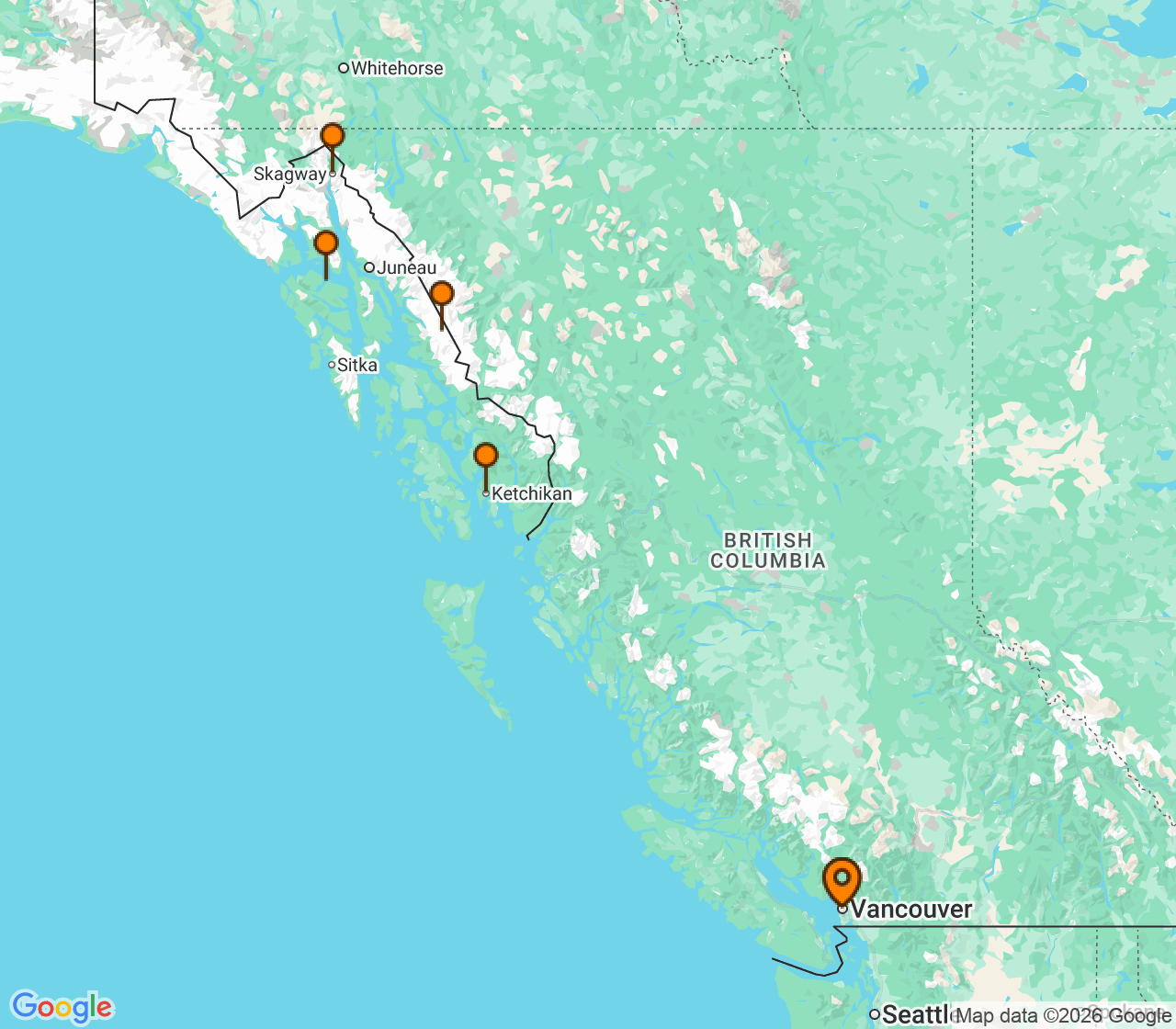 Harta itinerariu Croaziera 2026 - Alaska (Vancouver, Canada) - Disney Cruise Line - Disney Wonder - 7 nopti