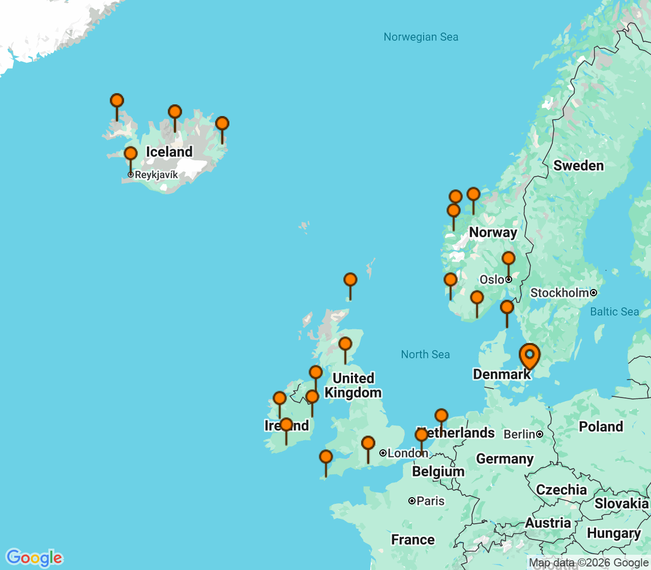 Harta itinerariu Croaziera 2028 - Europa de Nord (Copenhaga, Danemarca) - Princess Cruises - Caribbean Princess - 34 nopti