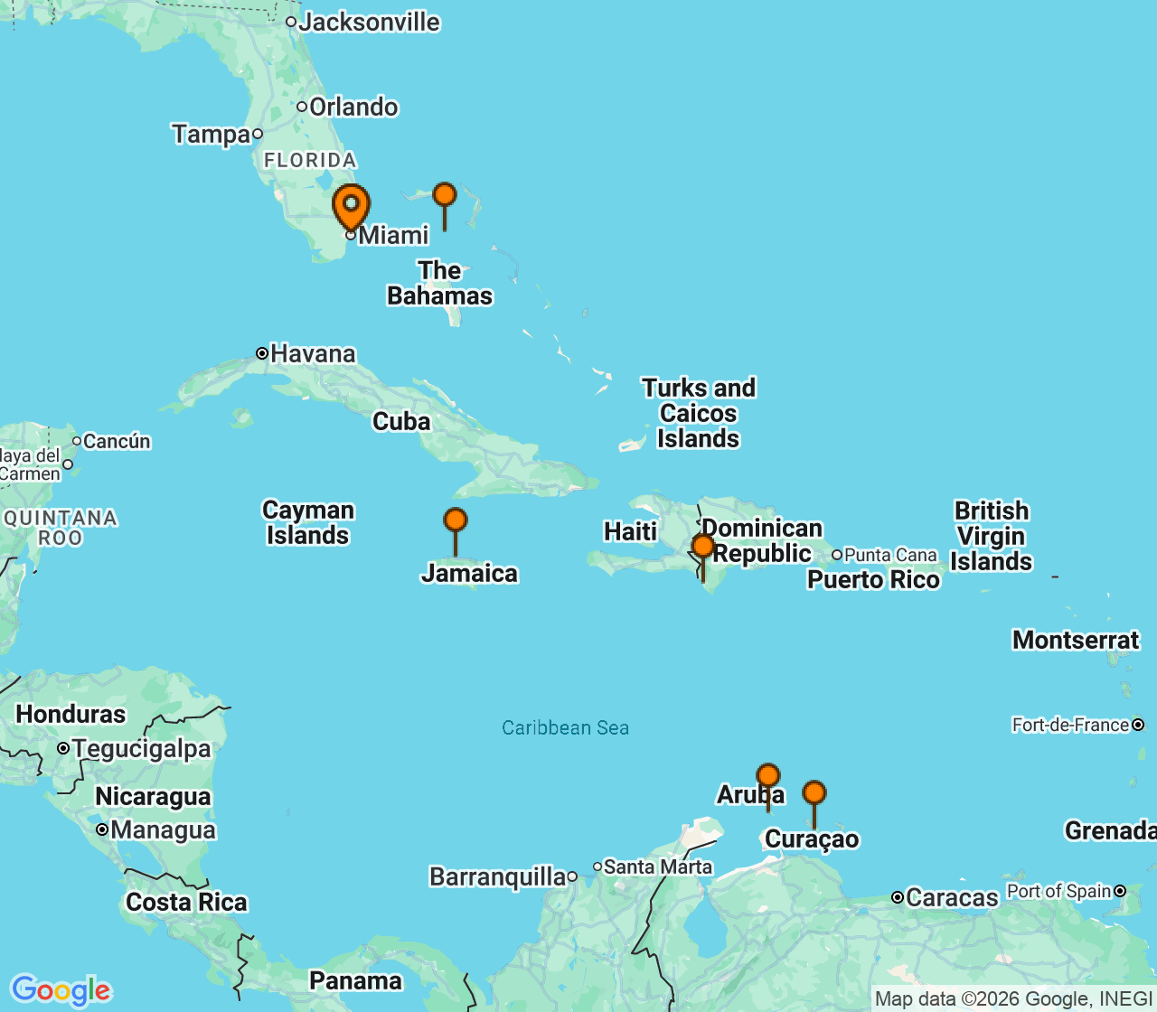 Harta itinerariu Croaziera 2027 - Caraibe si America Centrala (Miami, FL) - Norwegian Cruise Line - Norwegian Joy - 9 nopti