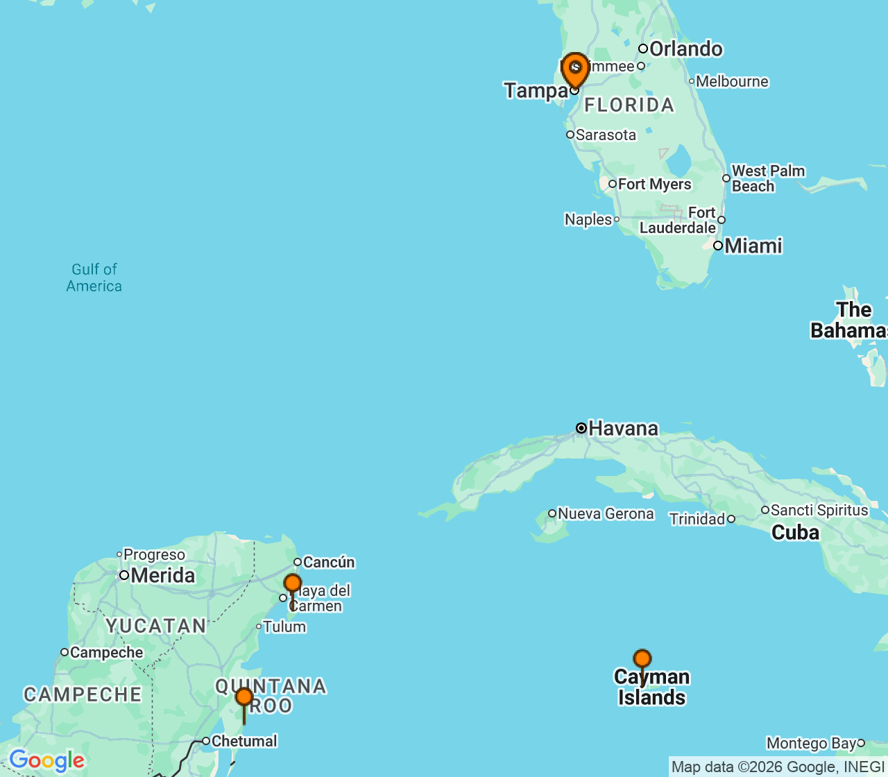 Harta itinerariu Croaziera 2026 - Caraibe si America Centrala (Tampa, FL) - Royal Caribbean Cruise Line - Radiance of the Seas - 7 nopti