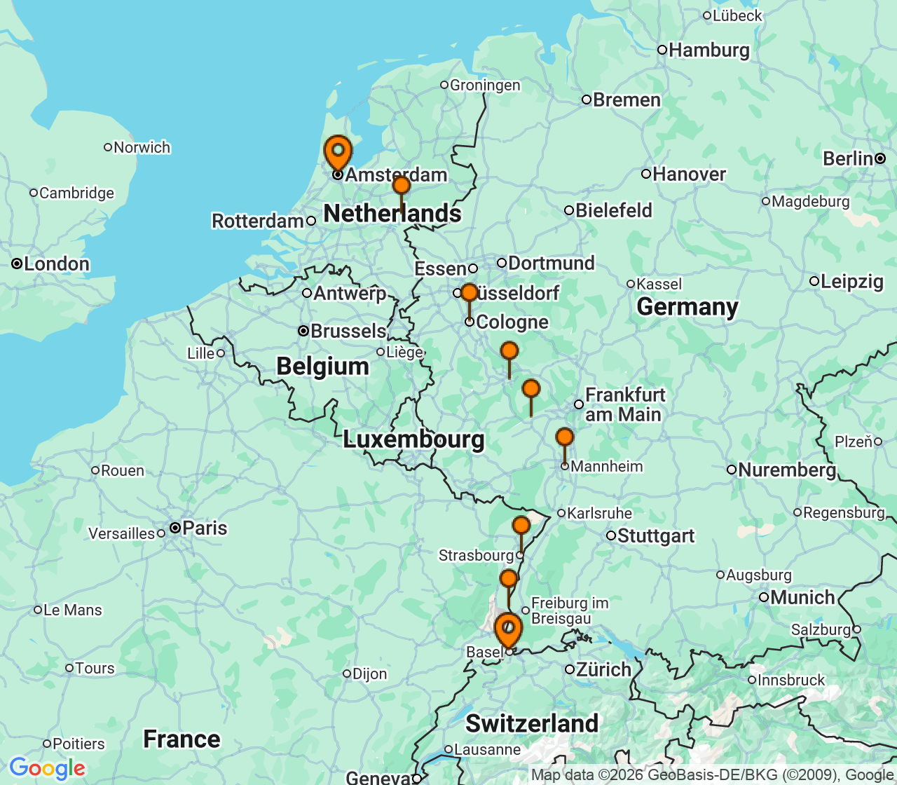 Harta itinerariu Croaziera 2028 - Europa de Nord (Basel, Elvetia) - Uniworld River Cruises - S.S. Audrey - 9 nopti