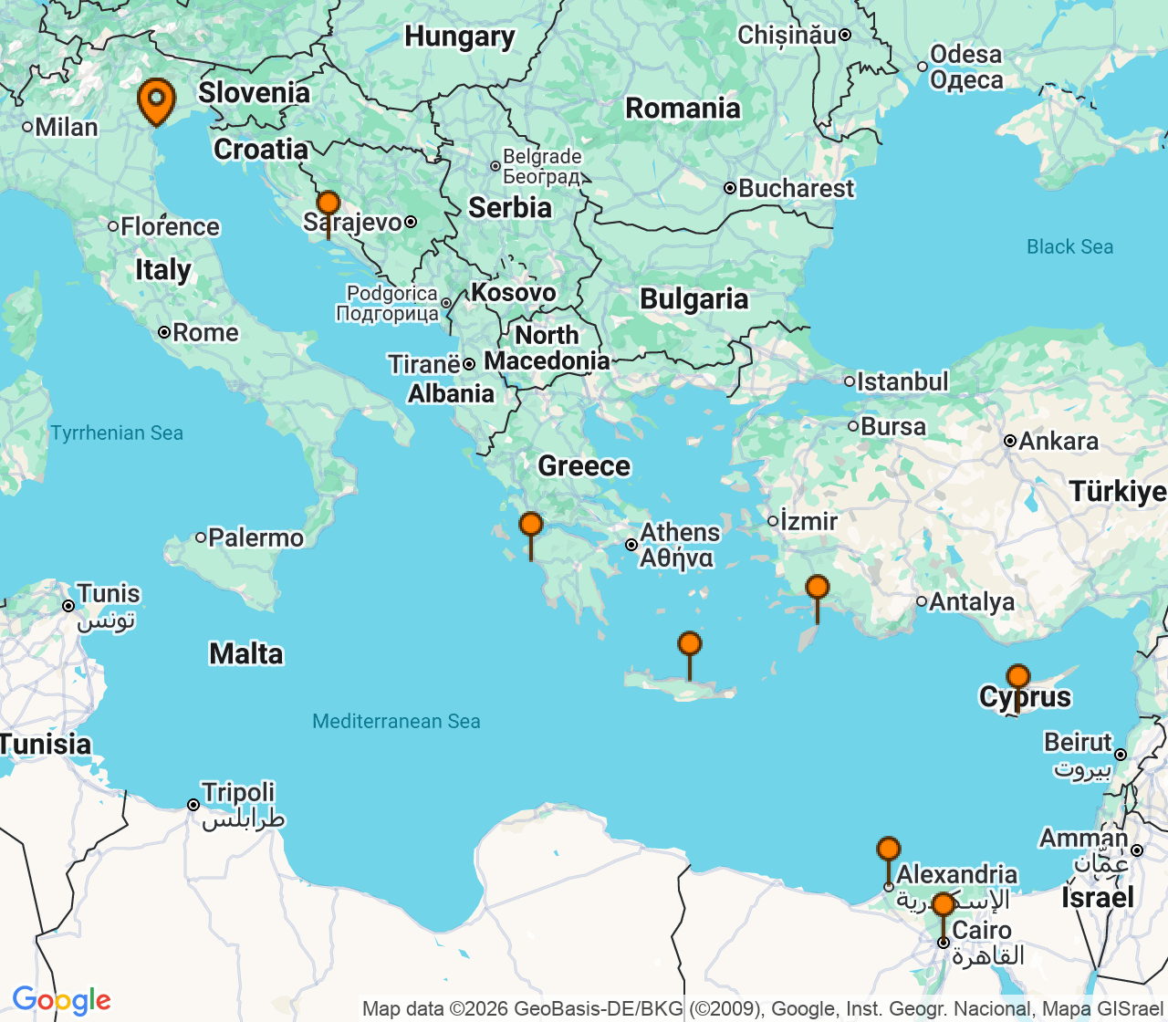 Harta itinerariu Croaziera 2026 - Mediterana (Venetia, Italia) - MSC Cruises - MSC Lirica - 11 nopti