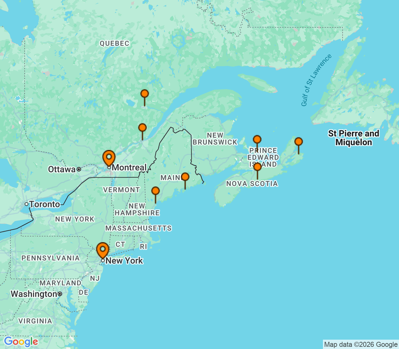 Harta itinerariu Croaziera 2027 - Canada si Noua Anglie (Montreal, Canada) - Regent Seven Seas Cruises - Seven Seas Grandeur - 11 nopti