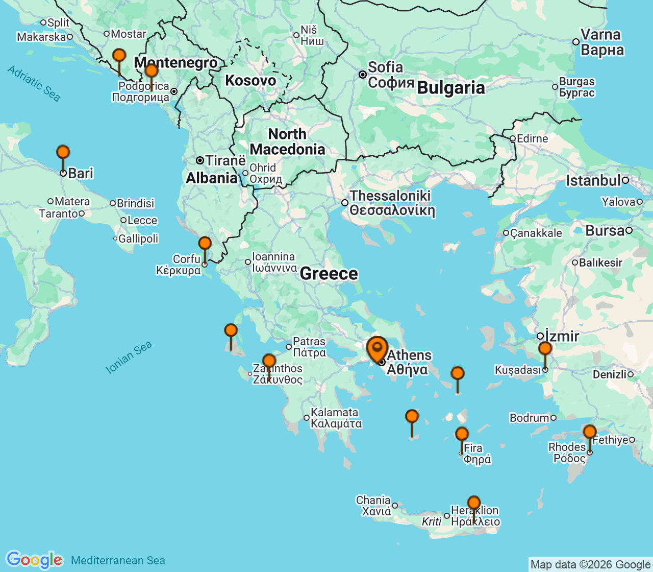 Harta itinerariu Croaziera 2027 - Mediterana (Atena (Piraeus), Grecia) - Celestyal Cruises - Celestyal Journey - 14 nopti