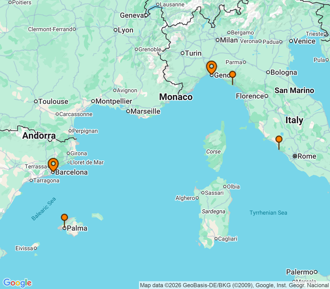 Harta itinerariu Croaziera 2026 - Mediterana (Genova, Italia) - MSC Cruises - MSC Grandiosa - 5 nopti