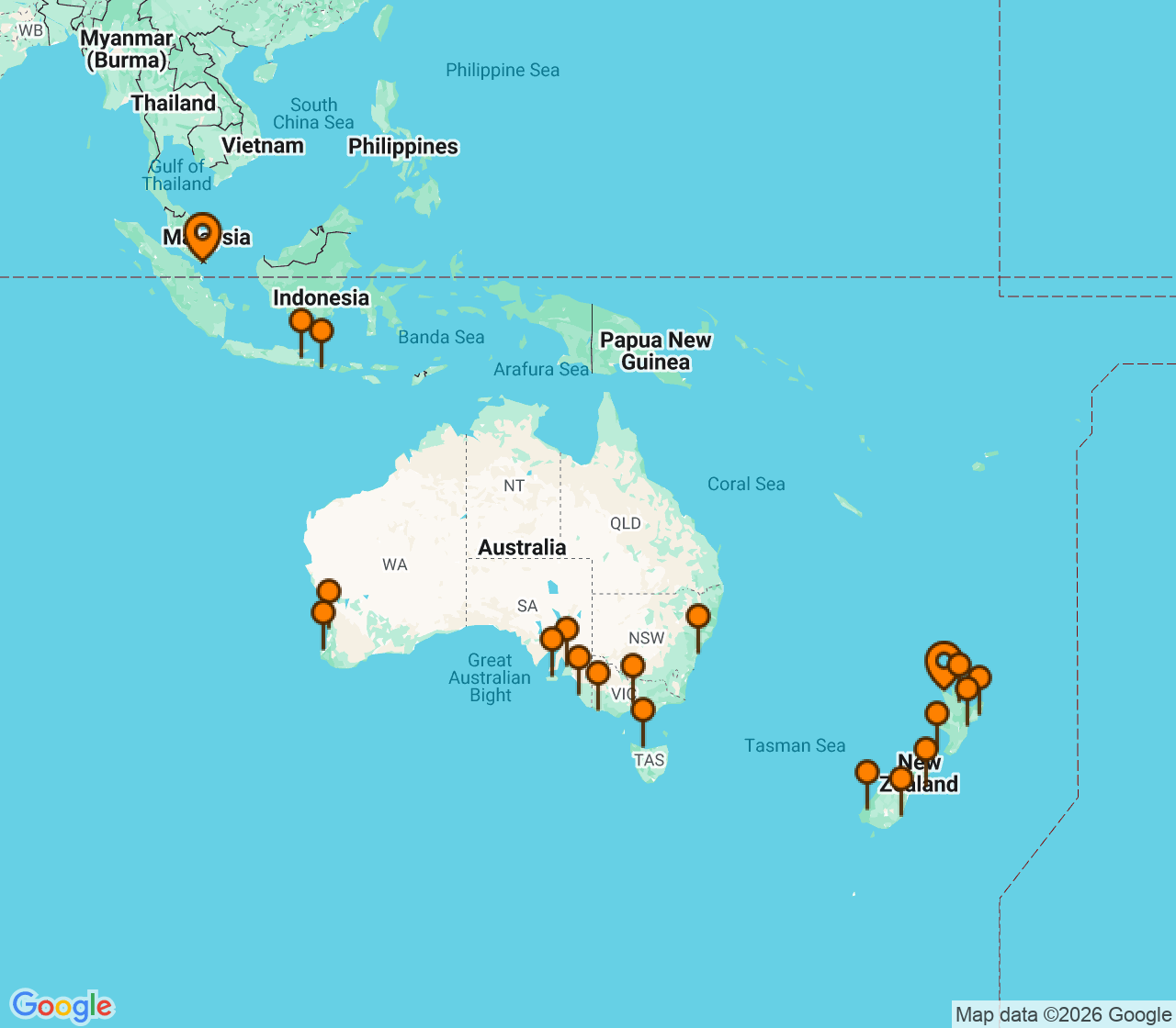Harta itinerariu Croaziera 2029 - Grand Voyage si Tematice (Auckland, Noua Zeelanda) - Seabourn - Seabourn Quest - 36 nopti