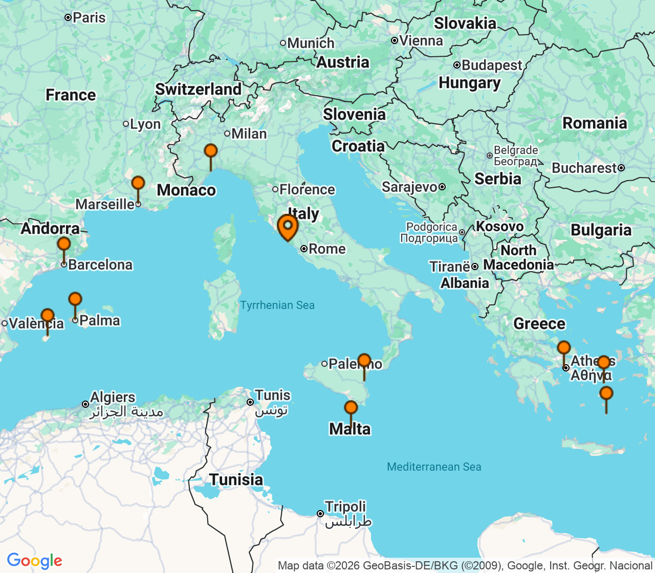 Harta itinerariu Croaziera 2027 - Mediterana (Roma (Civitavecchia), Italia) - Costa Cruises - Costa Serena - 14 nopti